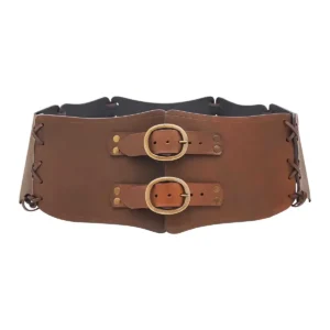 Medieval Wide Leather Waist Belt with Antique Brass Buckles