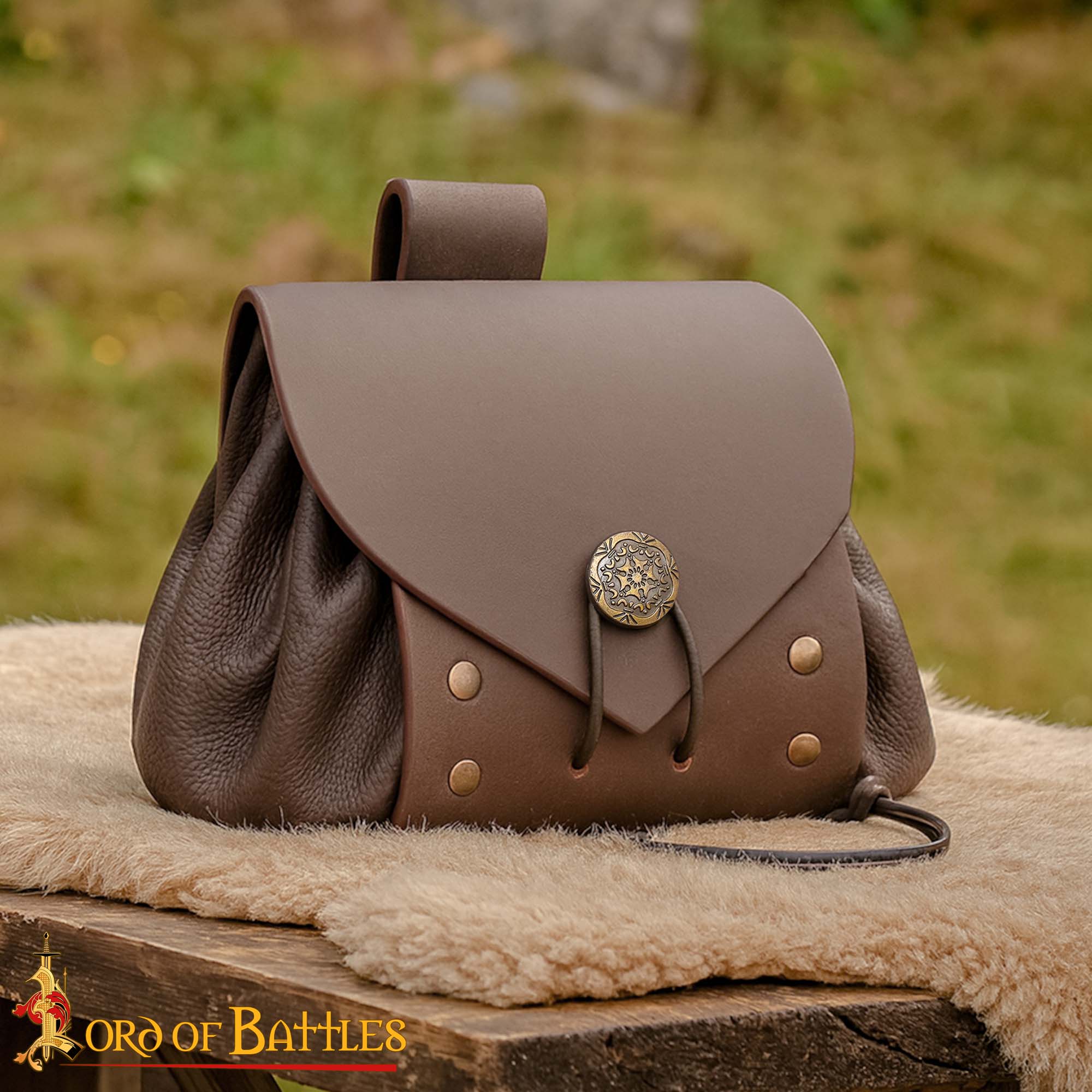 Medieval Leather Belt Pouch with Antique Brass Button-25910CBR Medieval Leather Belt Pouch with Antique Brass Button