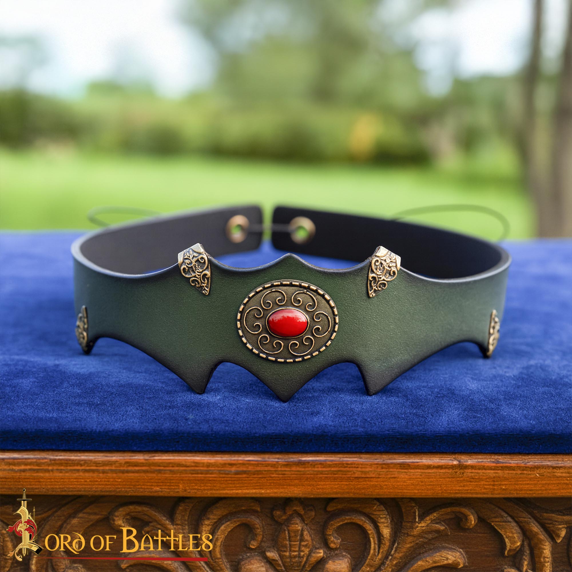 Medieval Leather Headband with Brass Accents and Red Cabochon - 26080GR Fantasy Leather Headband
