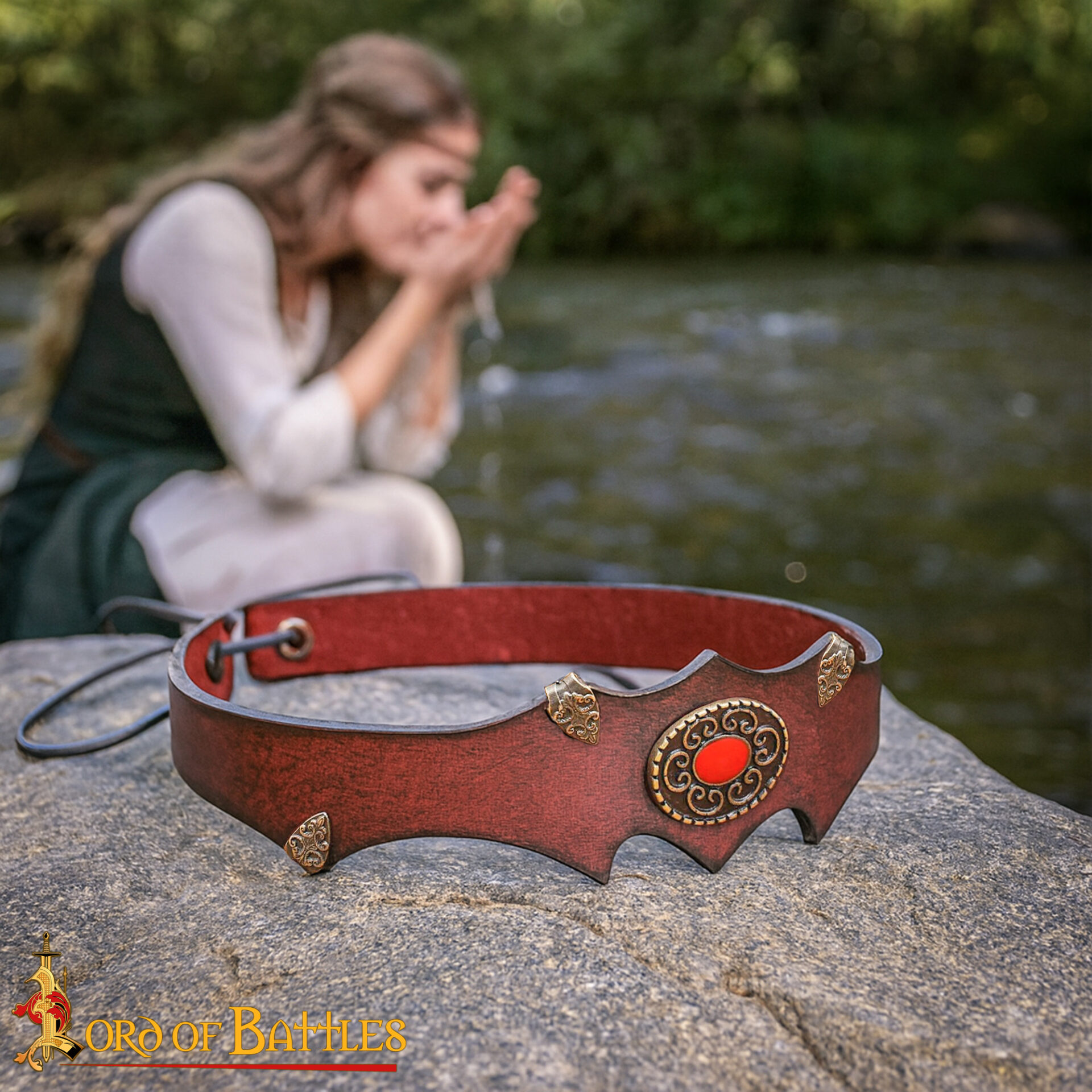 Medieval Leather Headband with Brass Accents and Red Cabochon-26080M 5 Fantasy Leather Headband