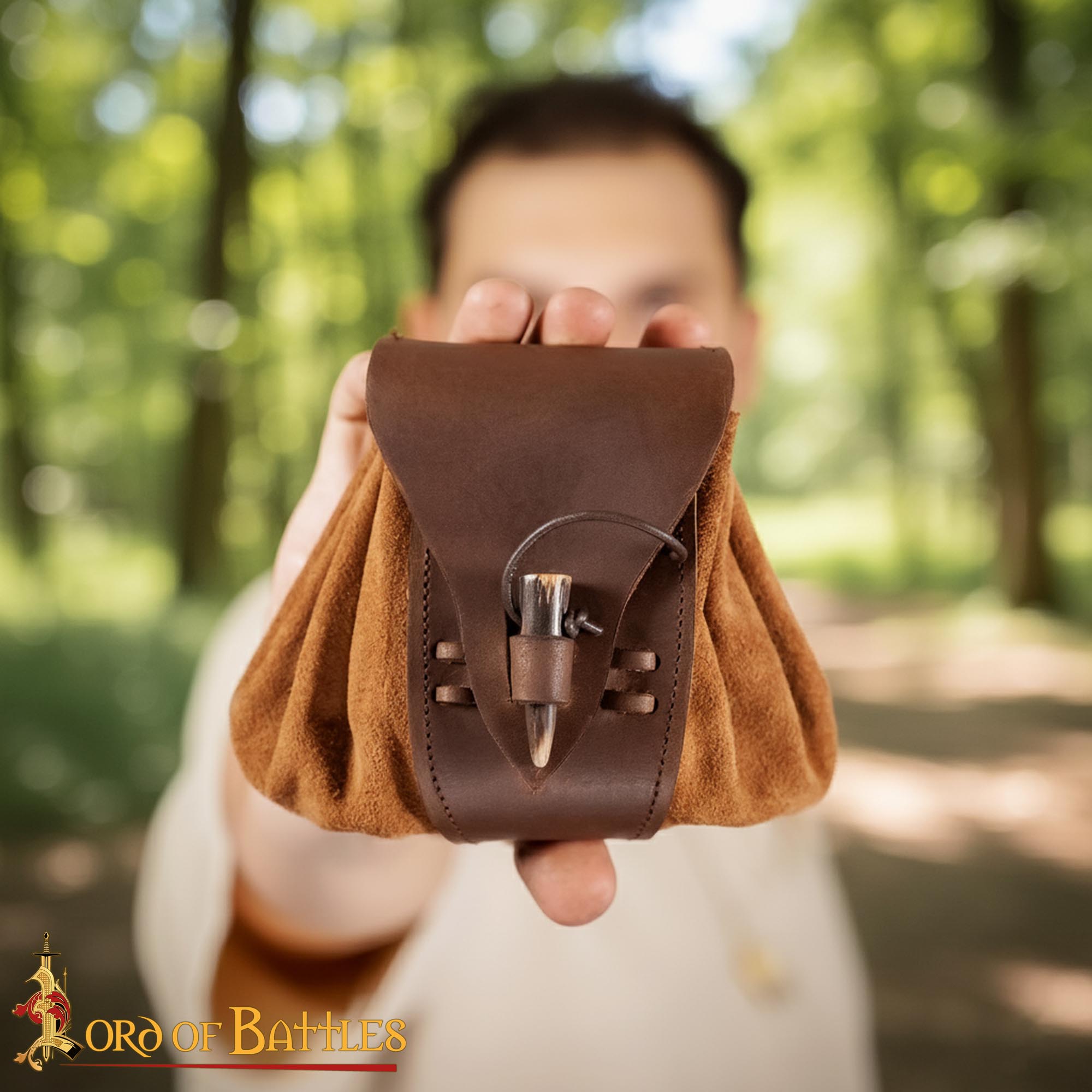 Rustic Suede Leather Belt Pouch Medieval Style with Genuine Horn Toggle Costume Accessory-25839CBR 1 Medieval Leather Belt Pouch