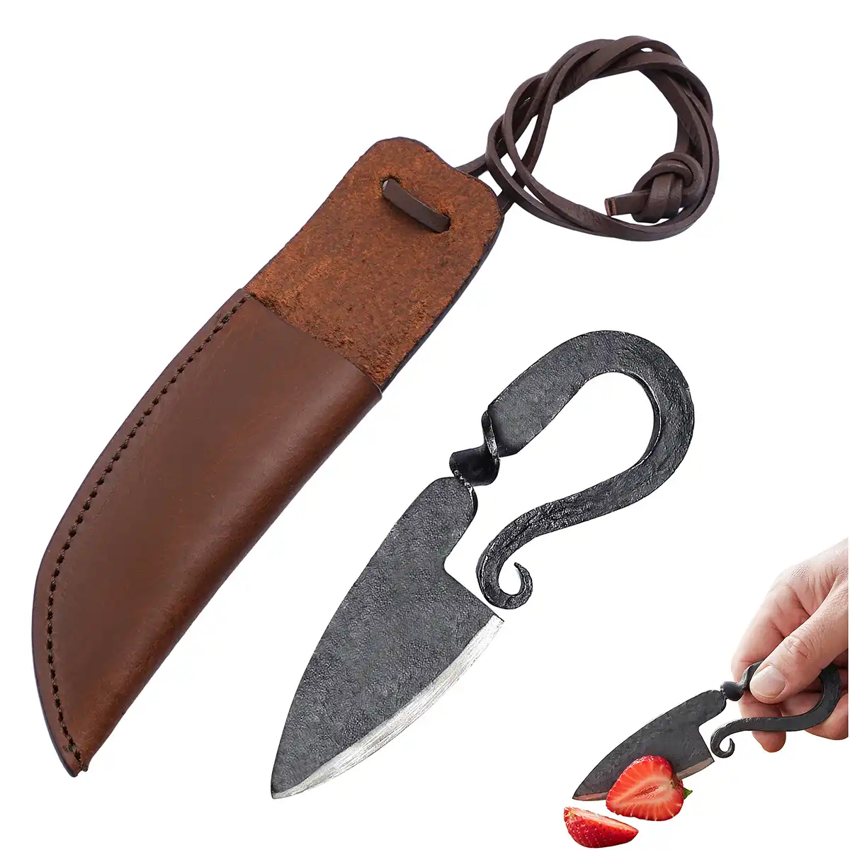 700418-Featured-Ai Hand-forged Iron Medieval Neck Knife with Genuine Leather Sheath