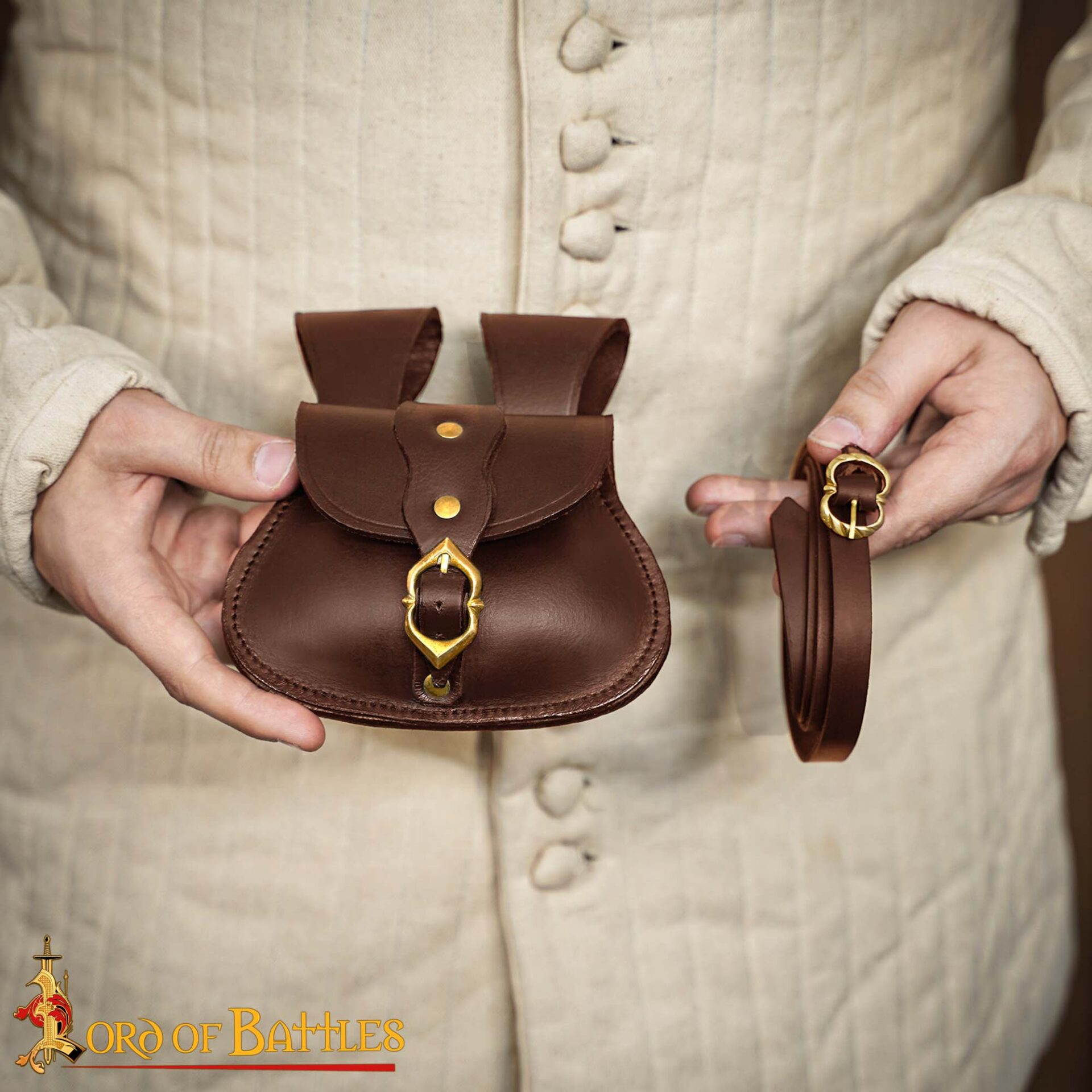 Medieval Leather Belt Pouch with Brass Buckle and Matching Leather Belt