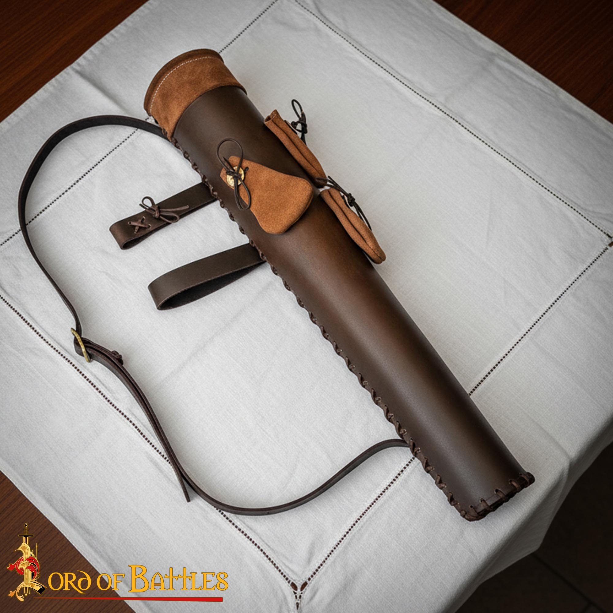 Medieval Leather Quiver with Suede Pouches Archery Arrow Holder with Adjustable Straps Brass Buckles - 26184CBR Medieval Leather Quiver