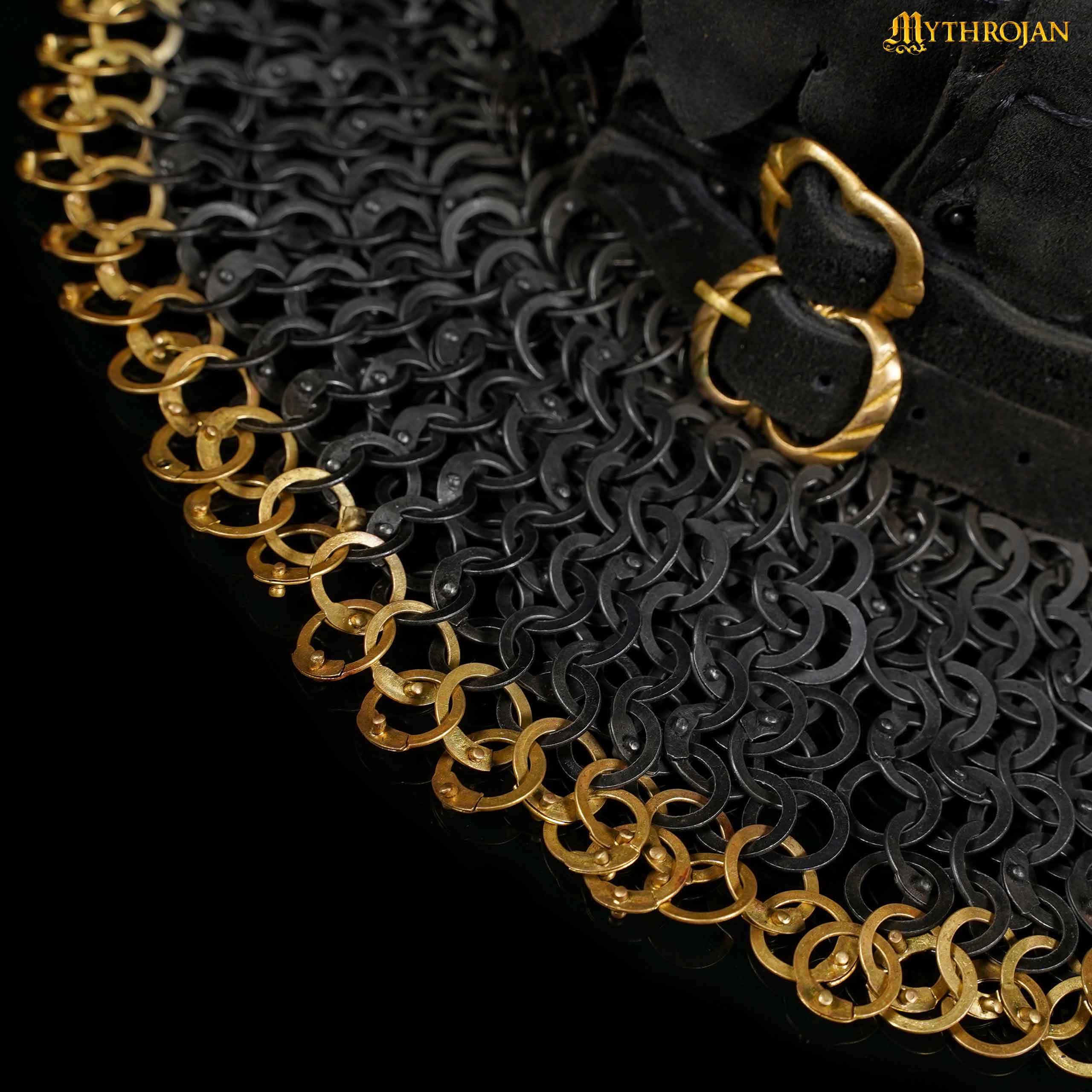 Chainmail Gorget 9mm 18 Gauge Mild Steel Flat Ring Round Rivet With Alt Flat Solid Rings, Brass Edges & Suede Padded Lining for LARP & SCA Riveted Chainmail