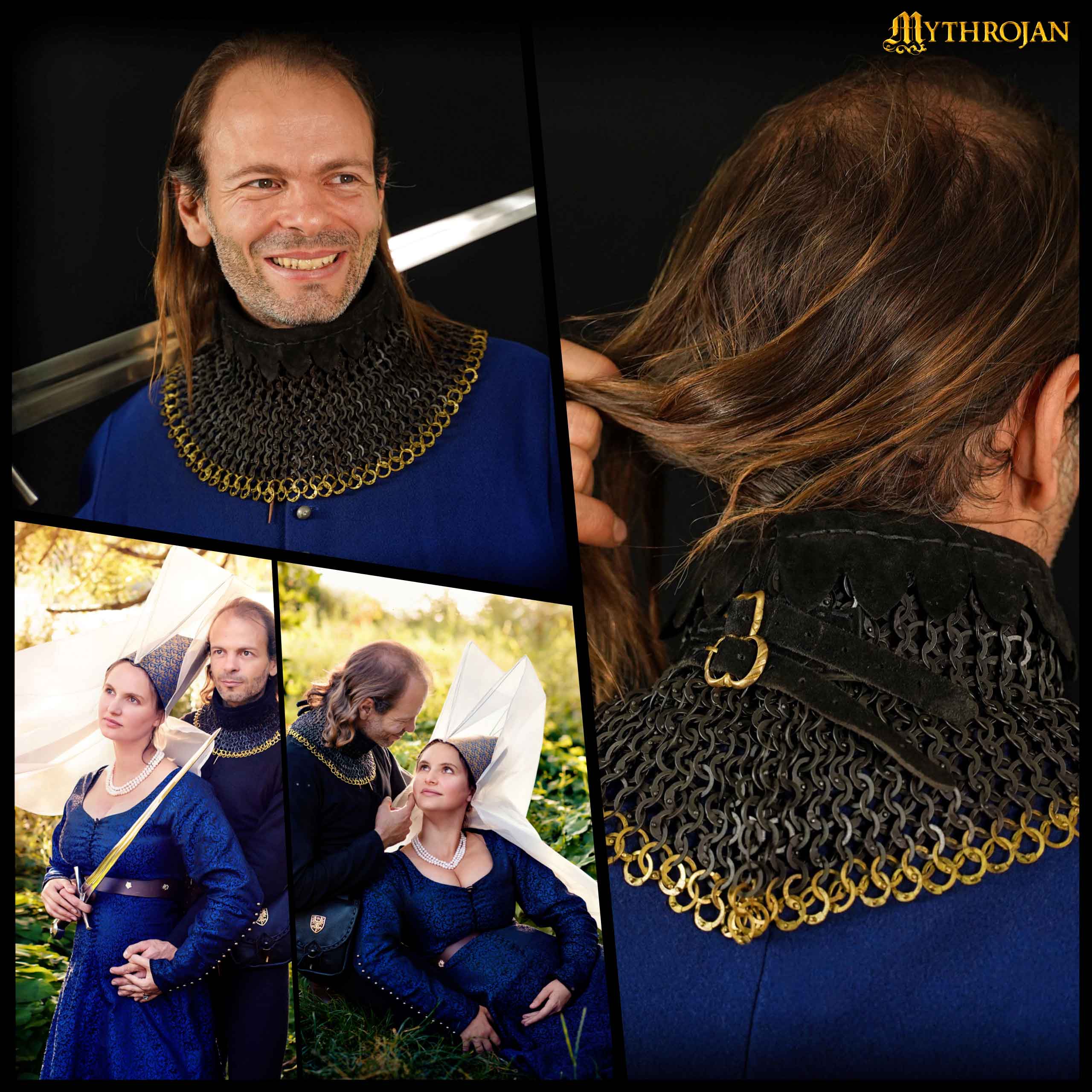 Chainmail Gorget 9mm 18 Gauge Mild Steel Flat Ring Round Rivet With Alt Flat Solid Rings, Brass Edges & Suede Padded Lining for LARP & SCA Riveted Chainmail