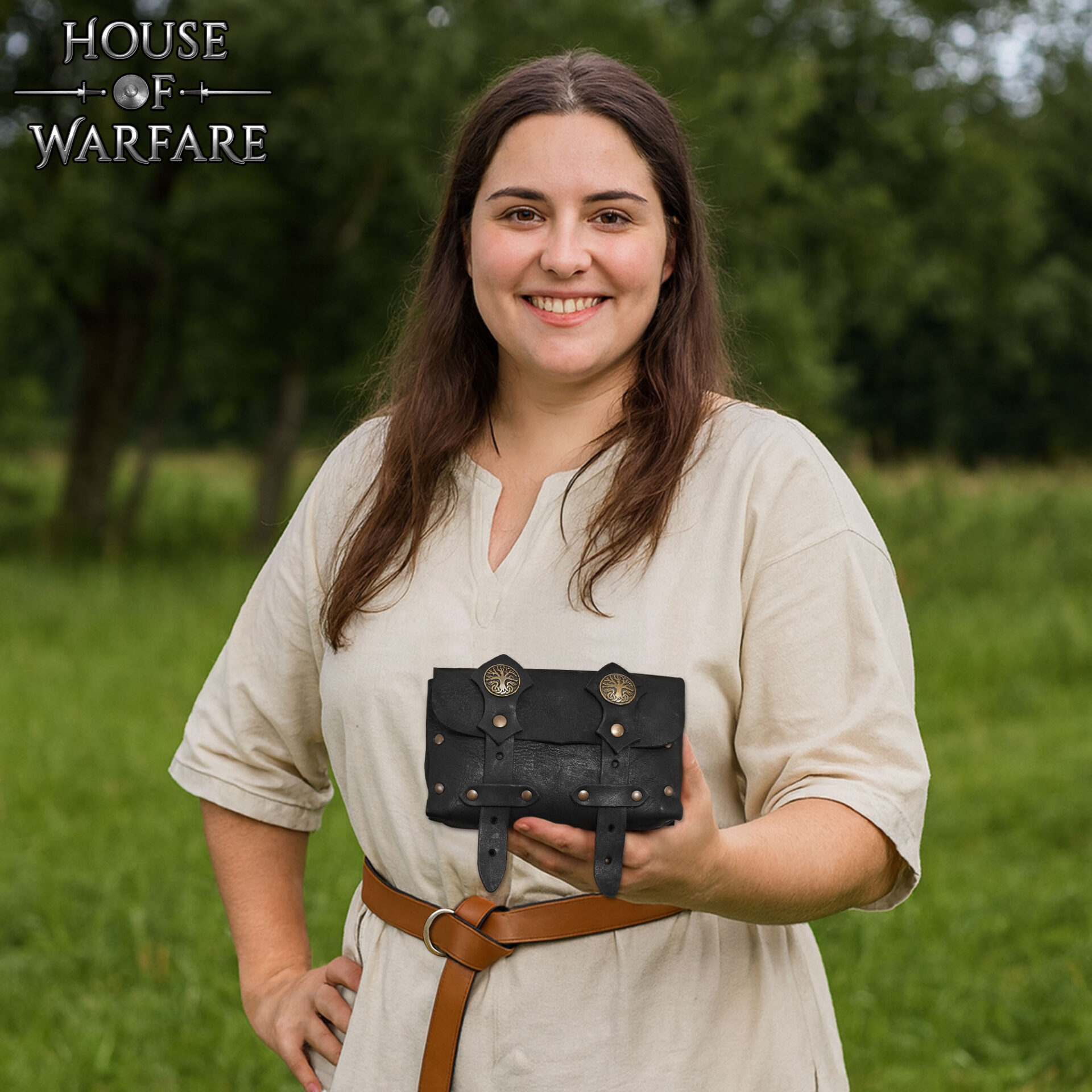 Dual-Strap Spanish Design Medieval Leather Pouch with Tree of Life Buttons-701854BK Belt Bag