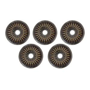 Set of five antique-finish brass washers with decorative patterned design