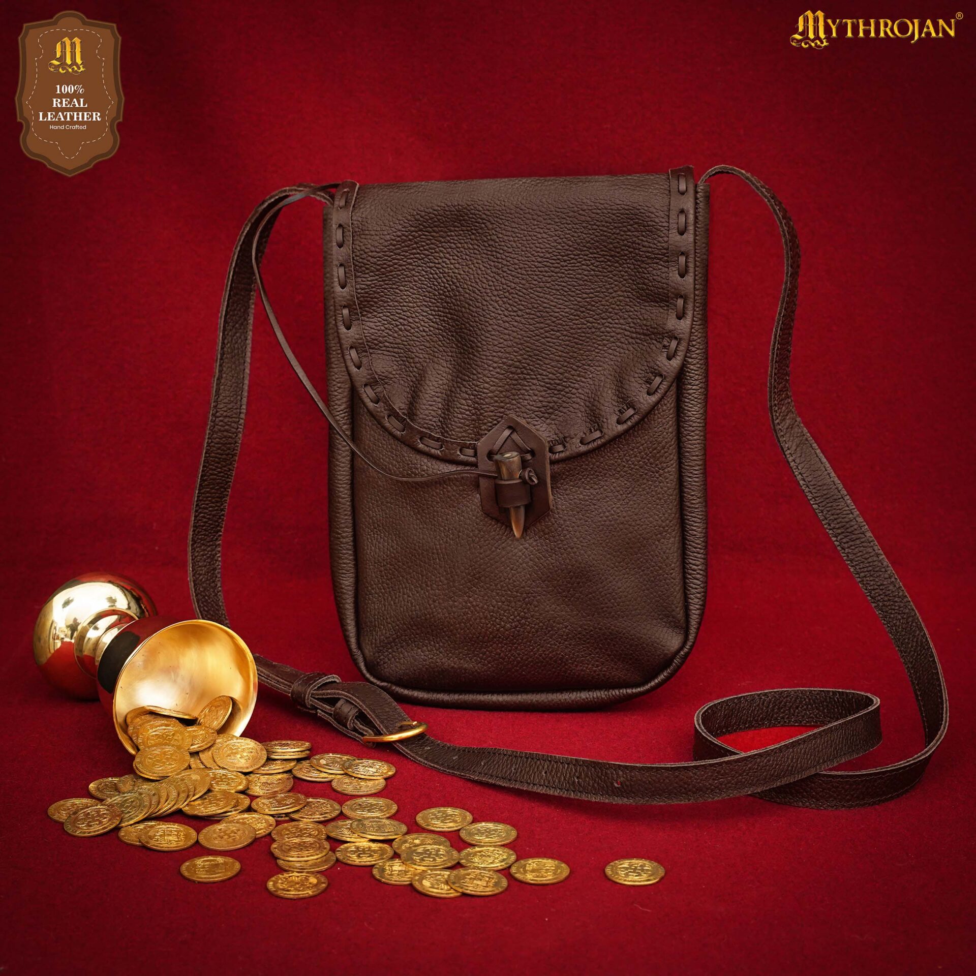 Medieval Leather Belt Pouch with Horn Toggle-300675BR Mythrojan Belt Pouch Costume Accessories LARP Waist Bag 11″ X 9″