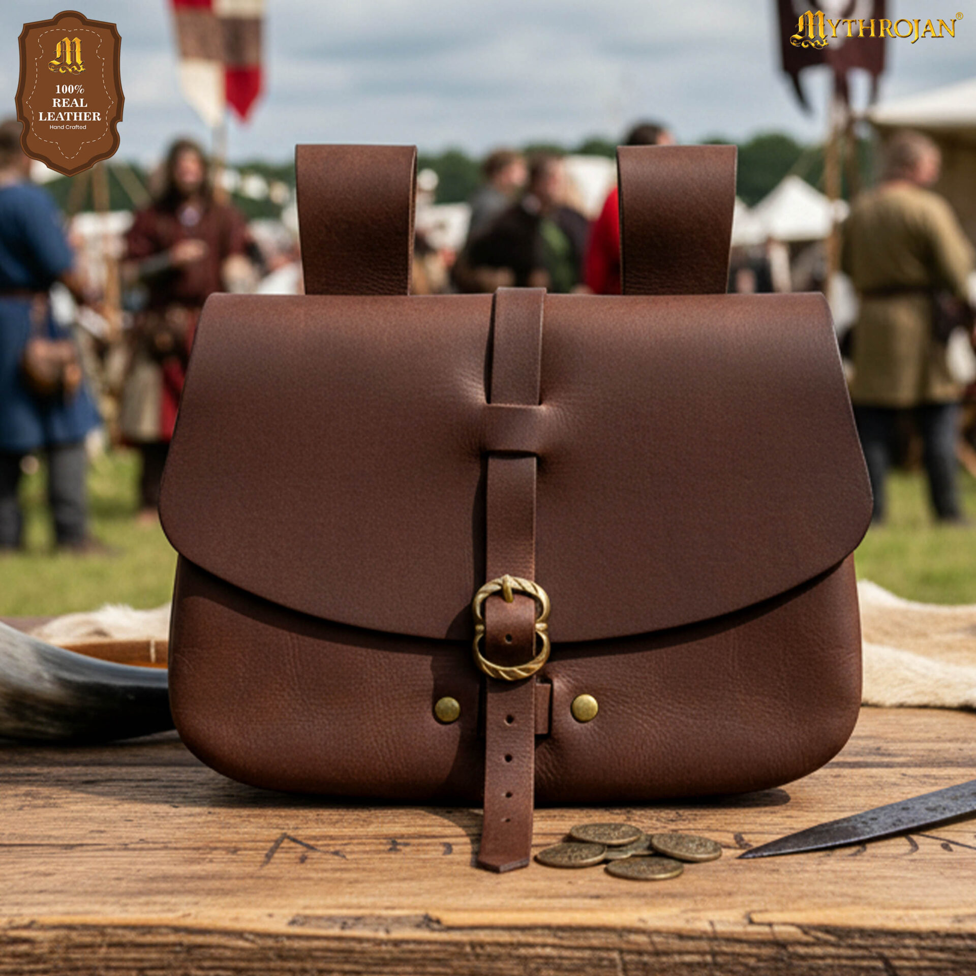 Mythrojan Medieval Leather Belt Pouch Handmade Genuine Leather Waist Bag-300354BR medieval leather bag