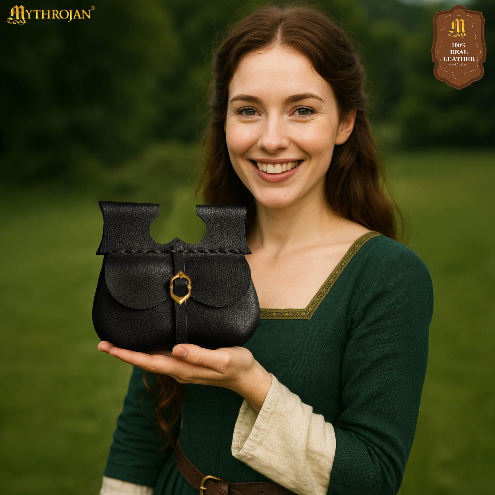 Mythrojan Medieval Leather Belt Pouch Handmade Genuine Leather Waist Bag-300878BK 1 Leather Kidney Pouch