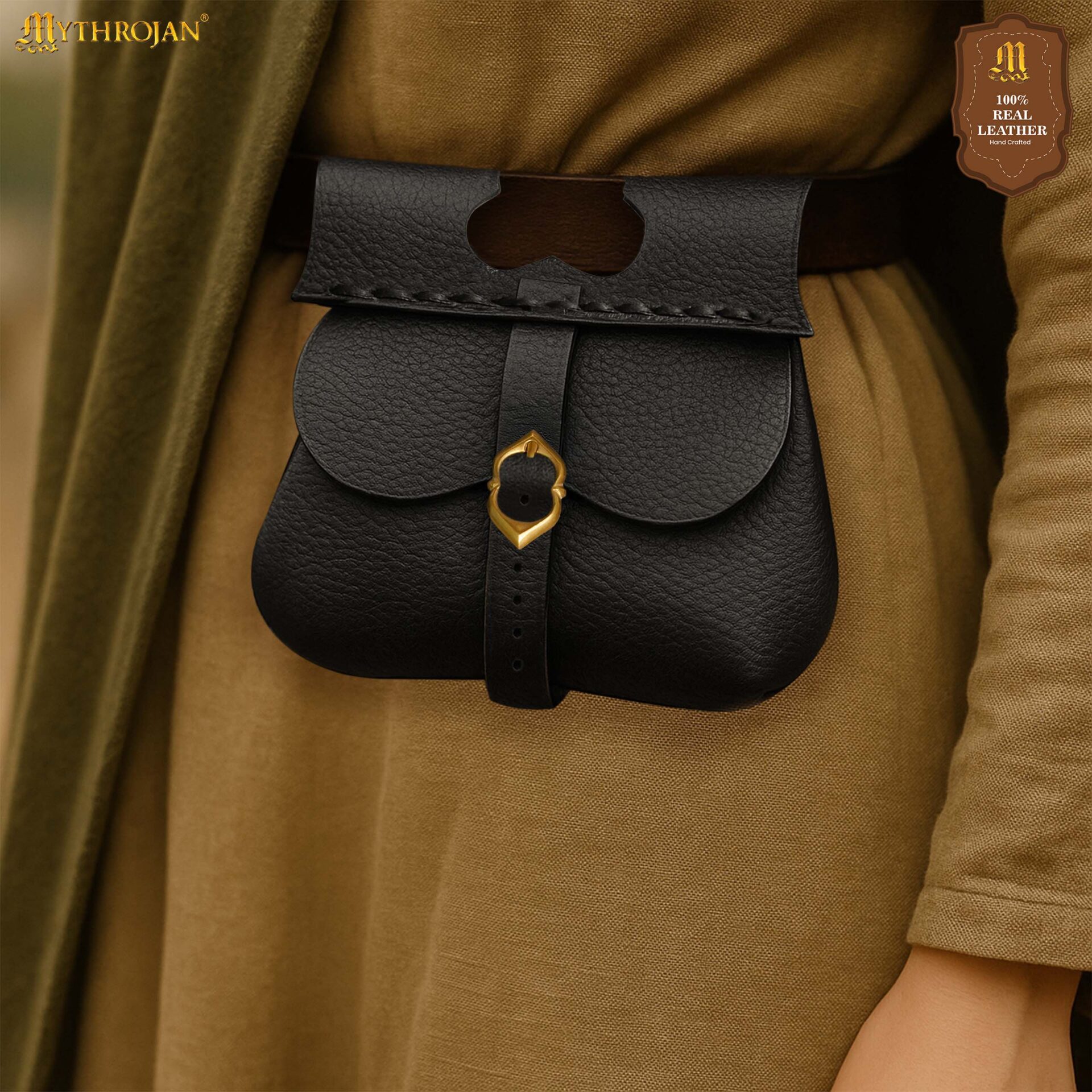 Mythrojan Medieval Leather Belt Pouch Handmade Genuine Leather Waist Bag-300878BK 5 Leather Kidney Pouch