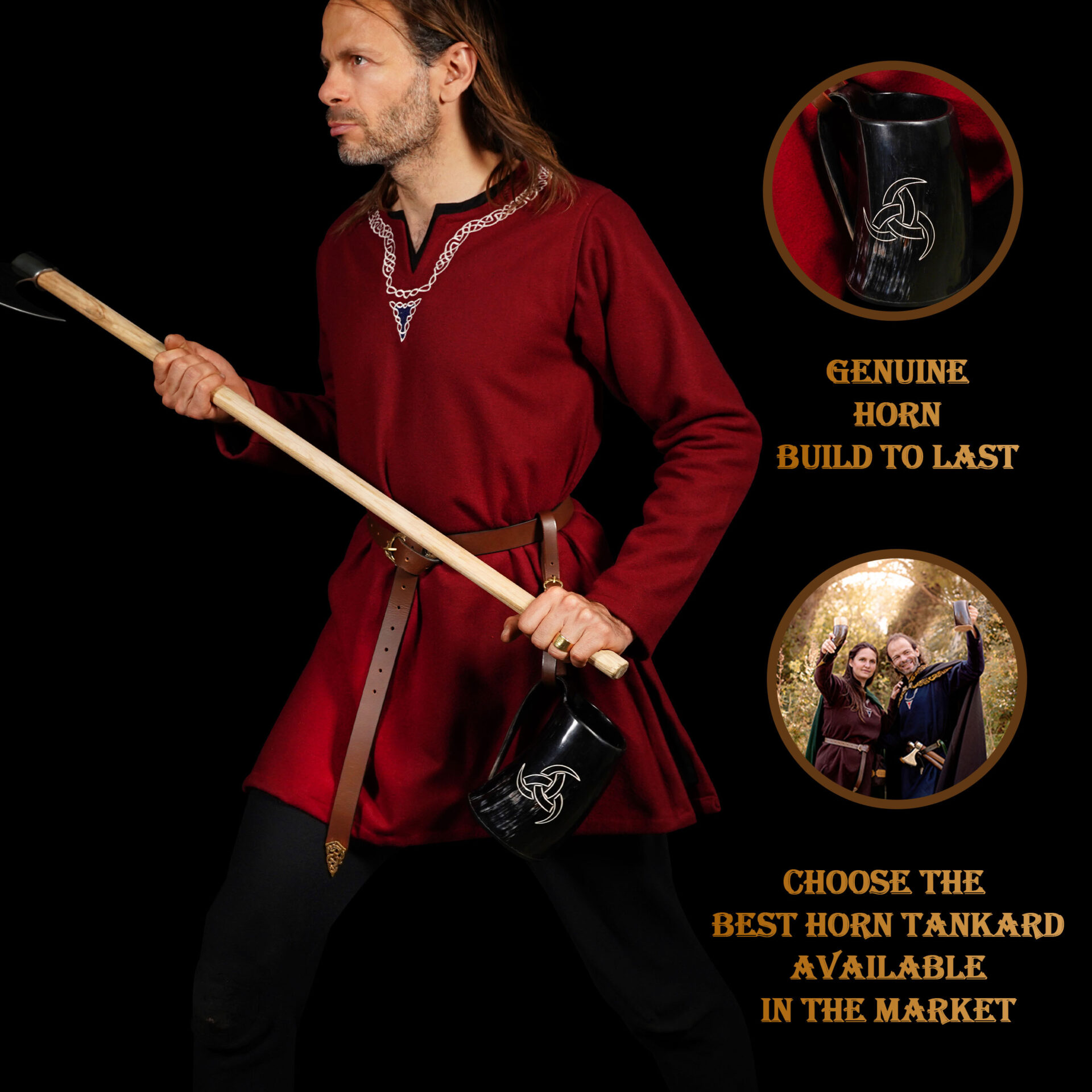 Mythrojan Viking Drinking Tankard with Medieval Buckle Leather Strap & Mythrojan Bag