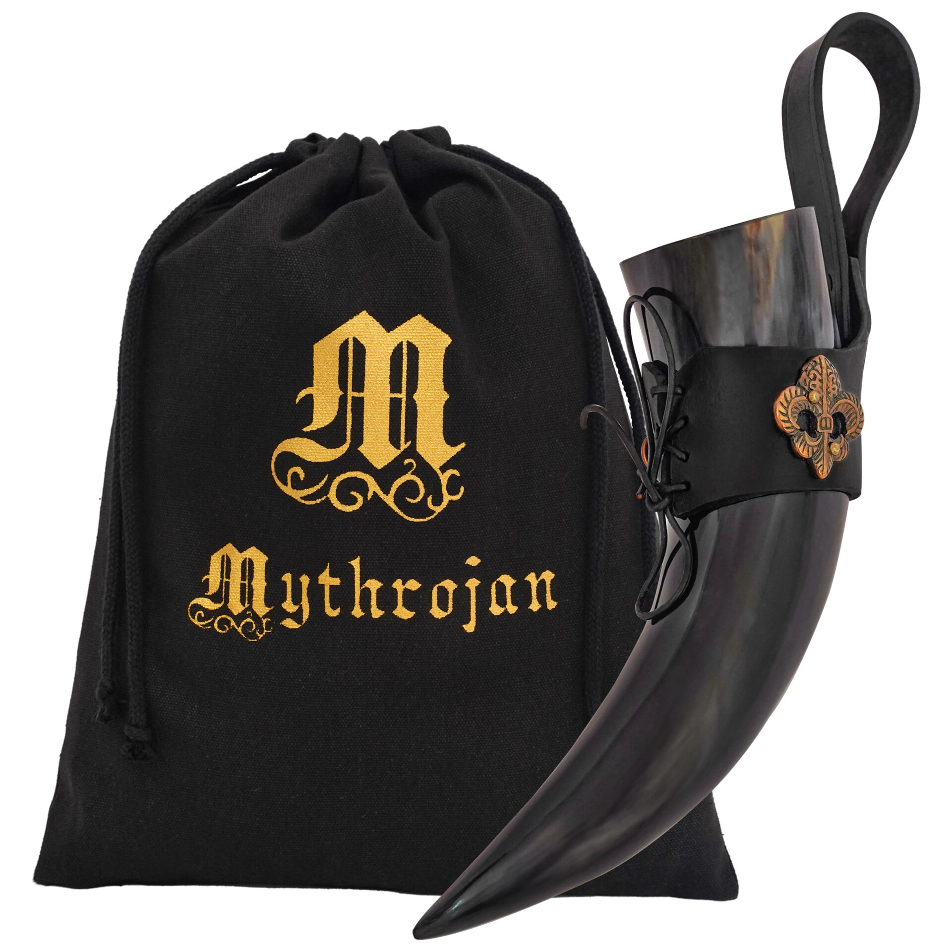 Mythrojan THE KNIGHT OF REALM 250 ML Viking Drinking Horn with Black Leather holder Authentic Medieval Inspired Viking Wine/Mead Mug – Polished Finish