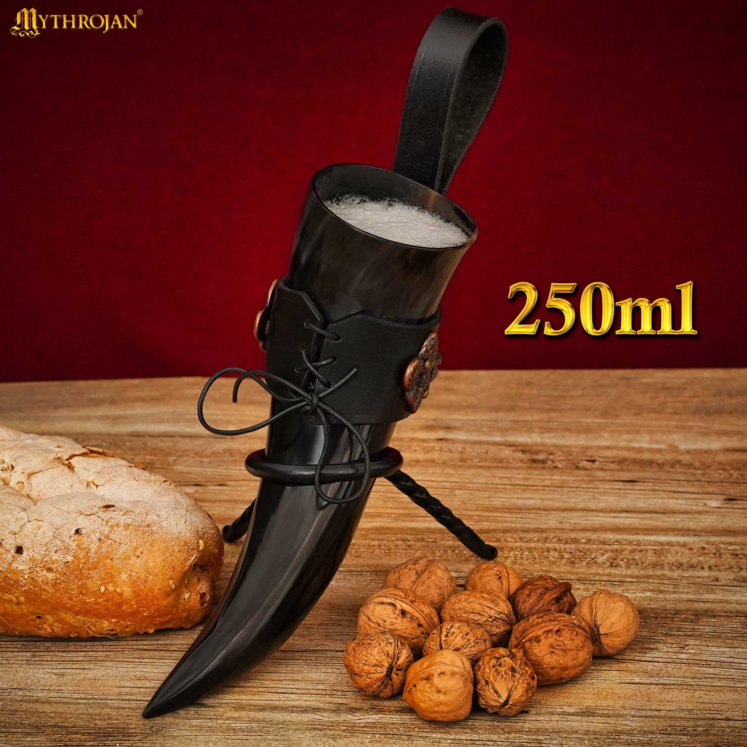Mythrojan THE KNIGHT OF REALM 250 ML Viking Drinking Horn with Black Leather holder Authentic Medieval Inspired Viking Wine/Mead Mug – Polished Finish