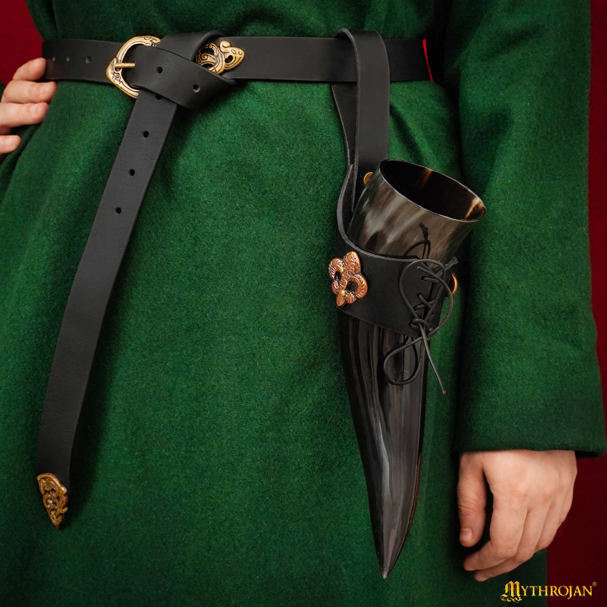 Mythrojan THE KNIGHT OF REALM 250 ML Viking Drinking Horn with Black Leather holder Authentic Medieval Inspired Viking Wine/Mead Mug – Polished Finish