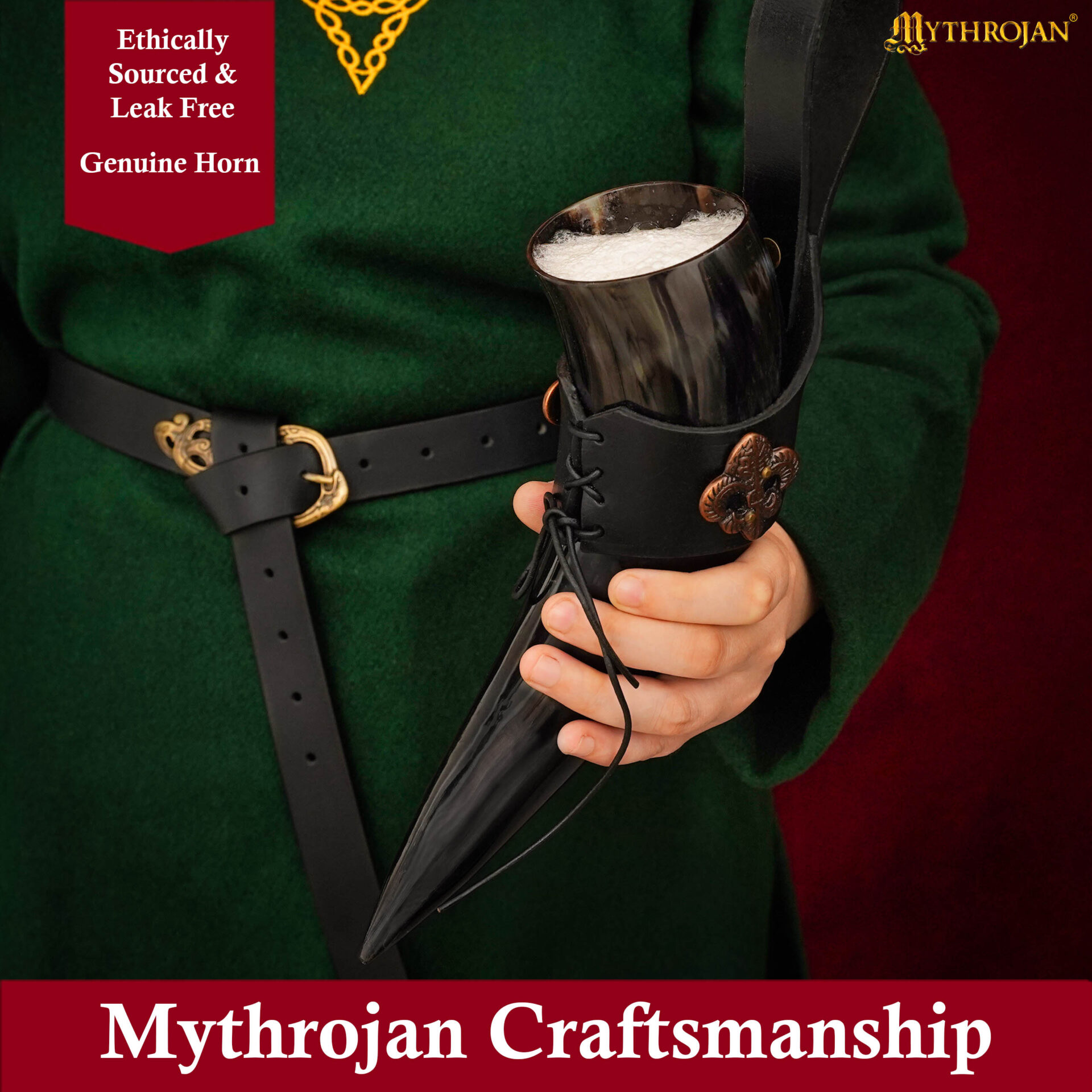 Mythrojan THE KNIGHT OF REALM 250 ML Viking Drinking Horn with Black Leather holder Authentic Medieval Inspired Viking Wine/Mead Mug – Polished Finish