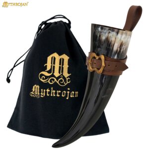Mythrojan THE LOYAL SOLDIER – 600 ML Viking Drinking Horn with Brown Leather holder Authentic Medieval Inspired Viking Wine/Mead Mug – Polished Finish