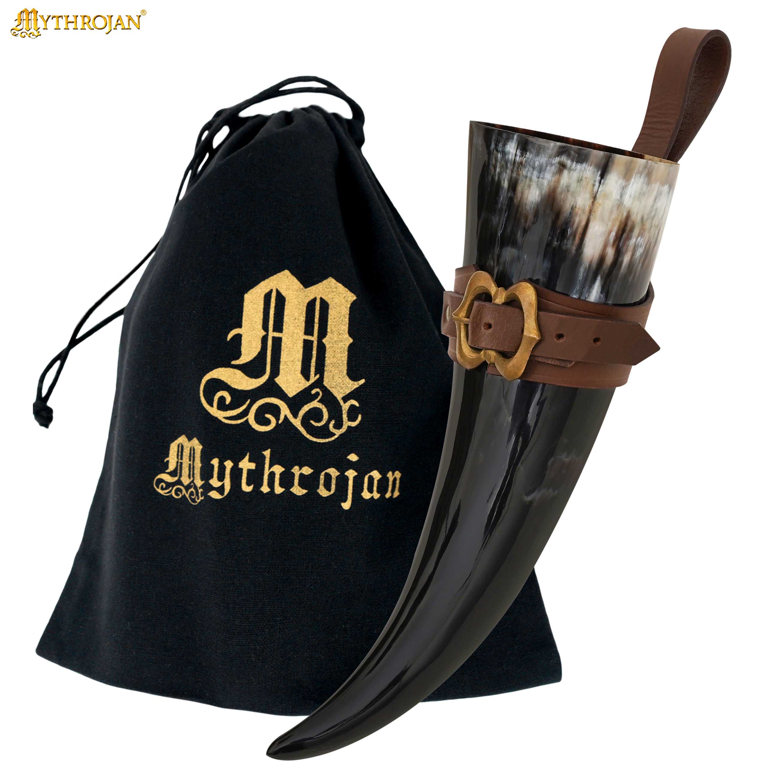 Mythrojan THE LOYAL SOLDIER – 600 ML Viking Drinking Horn with Brown Leather holder Authentic Medieval Inspired Viking Wine/Mead Mug – Polished Finish
