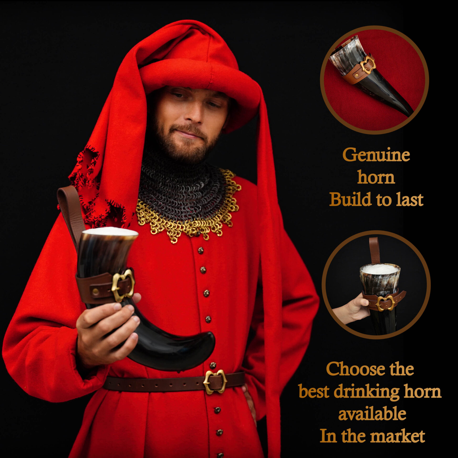 Mythrojan THE LOYAL SOLDIER – 600 ML Viking Drinking Horn with Brown Leather holder Authentic Medieval Inspired Viking Wine/Mead Mug – Polished Finish