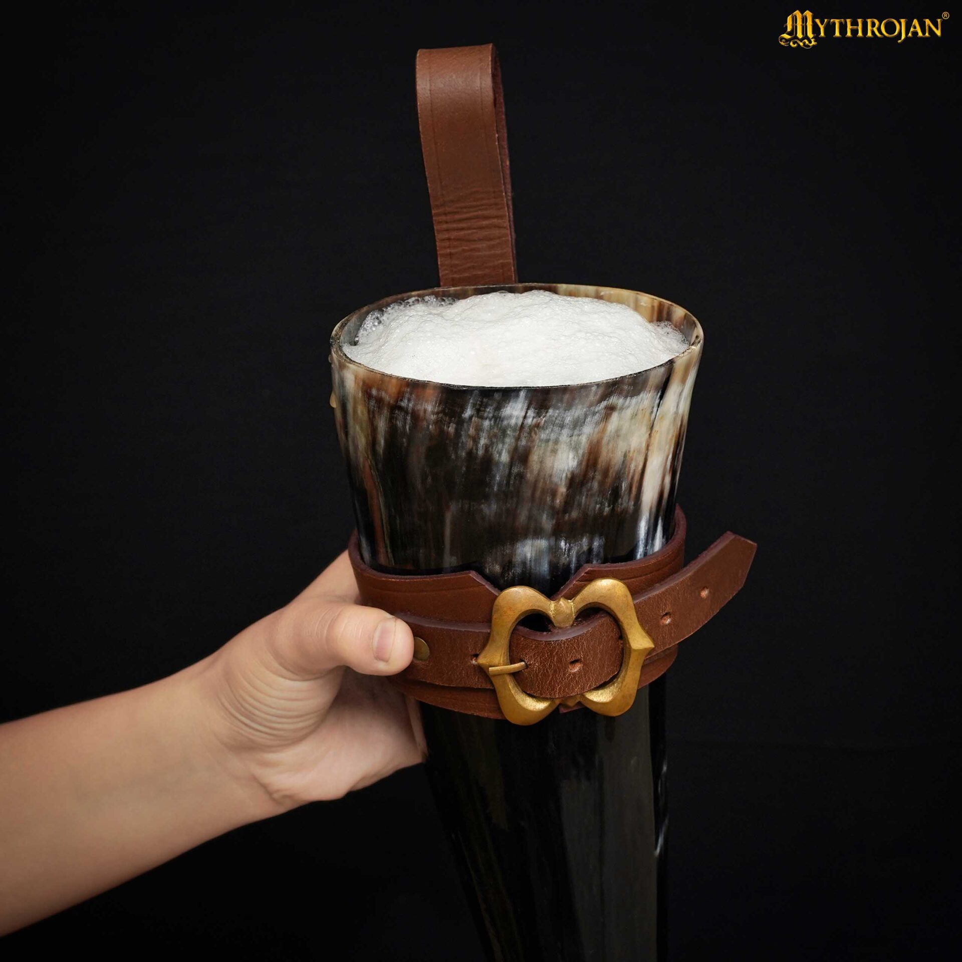 Mythrojan THE LOYAL SOLDIER – 600 ML Viking Drinking Horn with Brown Leather holder Authentic Medieval Inspired Viking Wine/Mead Mug – Polished Finish