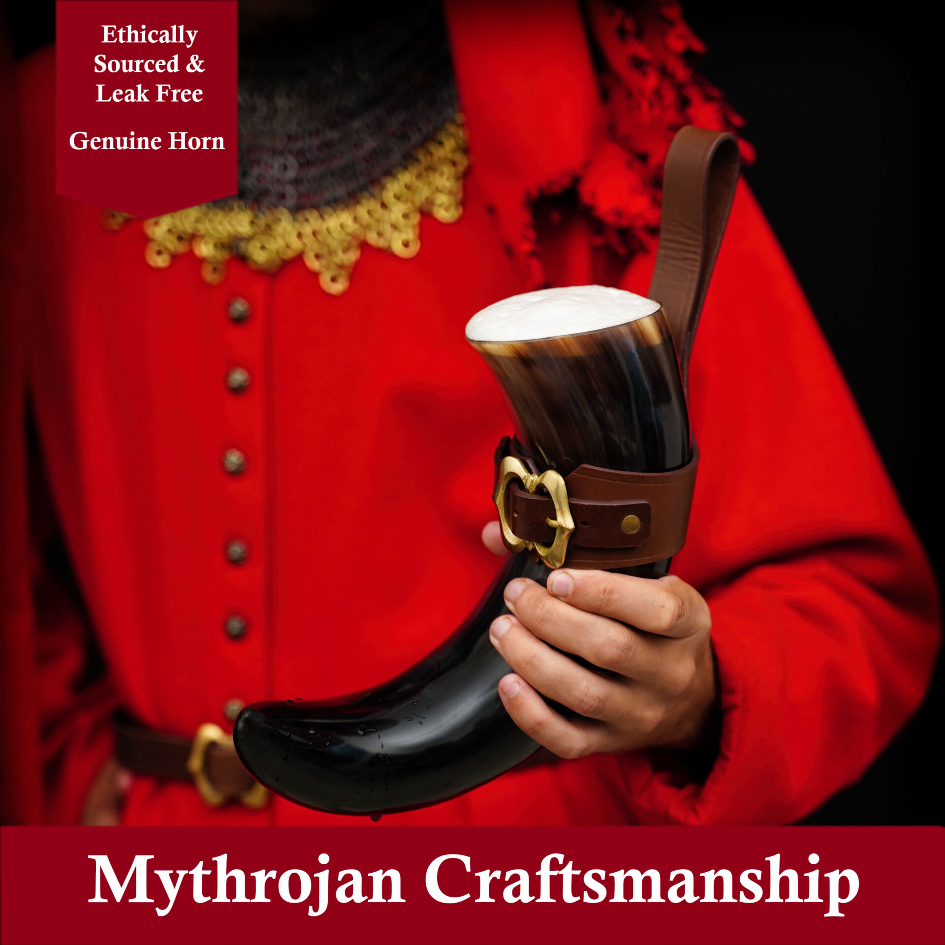 Mythrojan THE LOYAL SOLDIER – 600 ML Viking Drinking Horn with Brown Leather holder Authentic Medieval Inspired Viking Wine/Mead Mug – Polished Finish