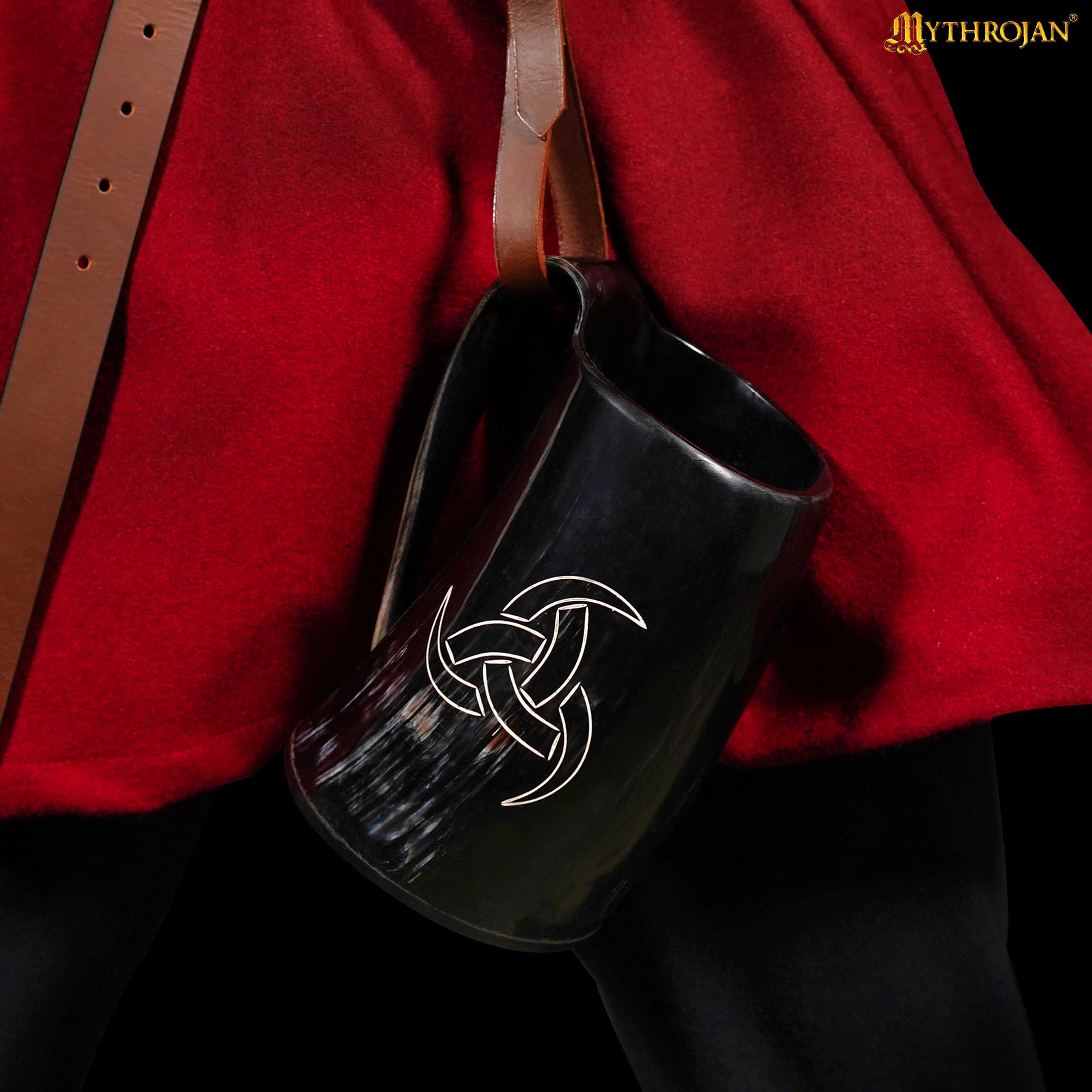 Mythrojan Viking Drinking Tankard with Medieval Buckle Leather Strap & Mythrojan Bag