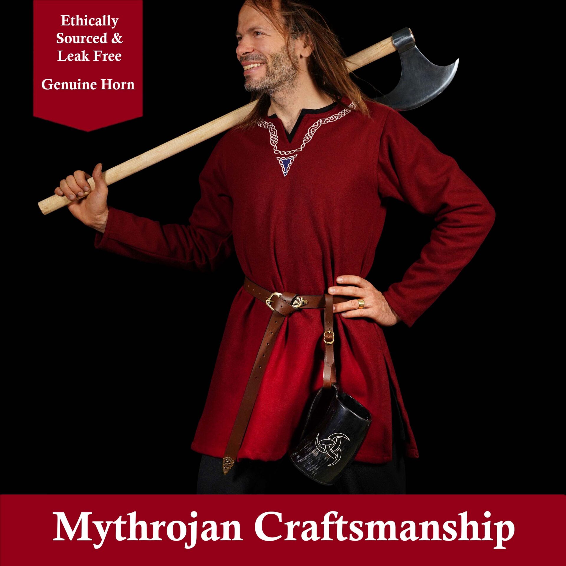 Mythrojan Viking Drinking Tankard with Medieval Buckle Leather Strap & Mythrojan Bag