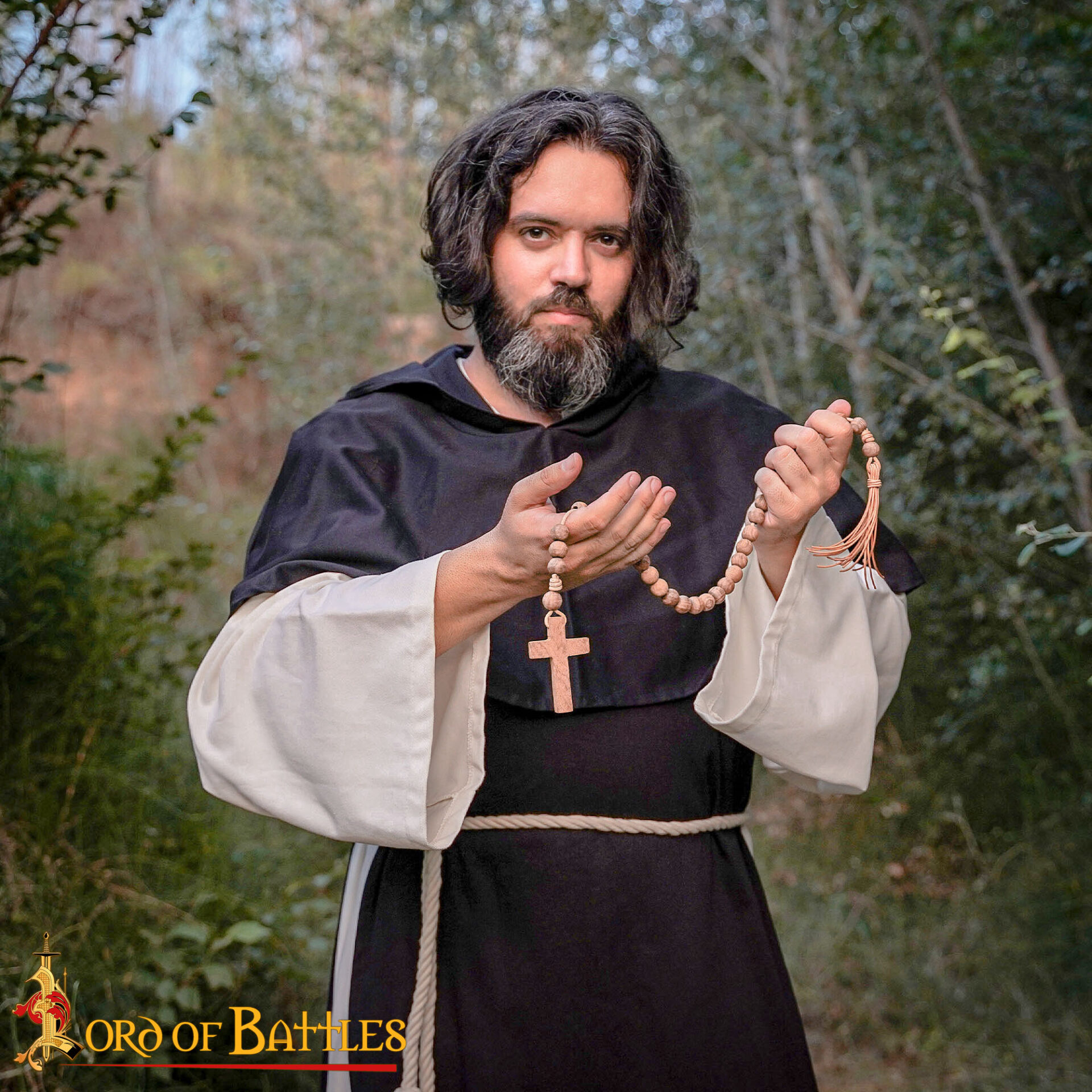 15th Century Medieval Wooden Rosary with Cross, Leather Cord