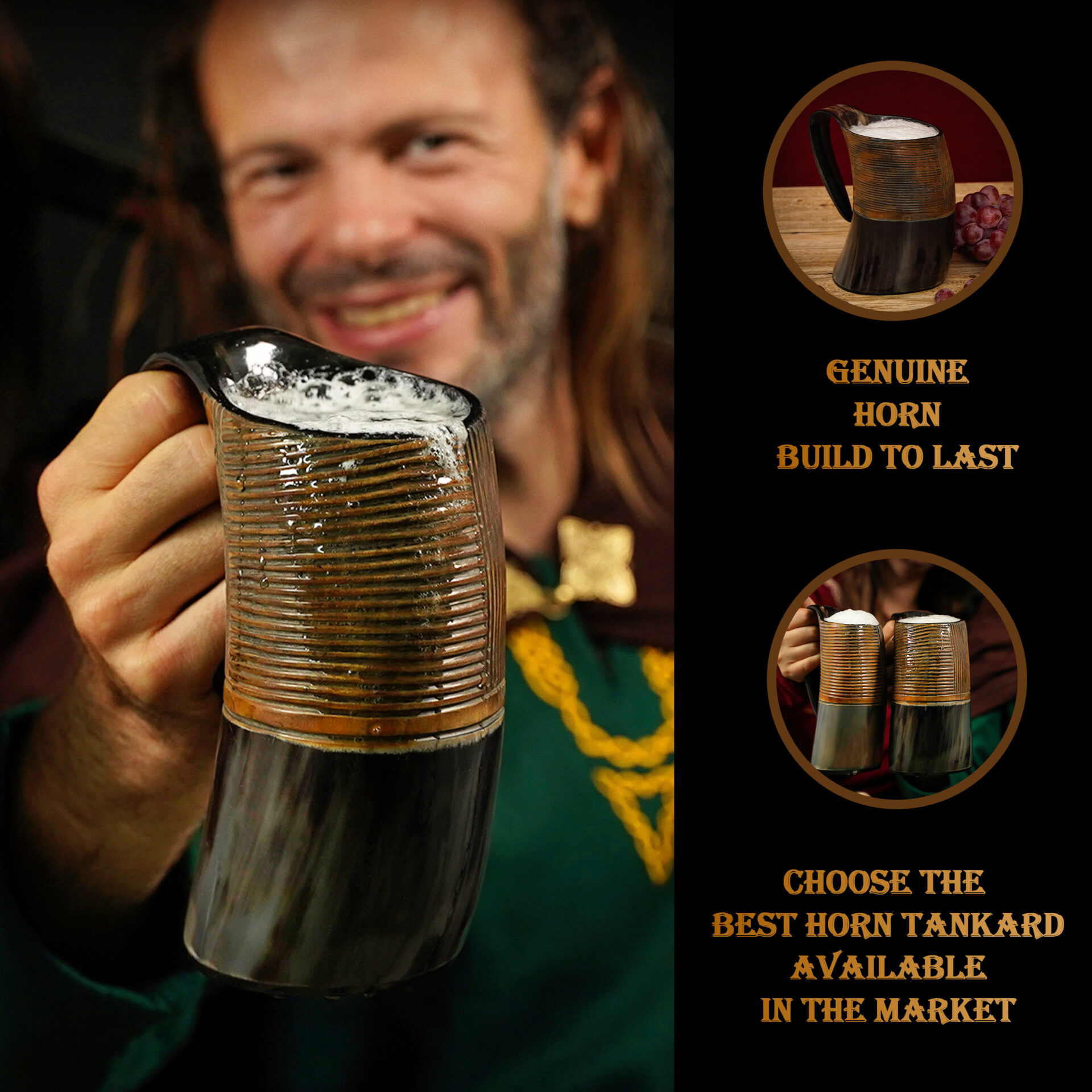 Mythrojan Tumbler Viking Drinking Cup with Handle & Medieval Buckle Renaissance with leather strap, 600 ML, Burnt