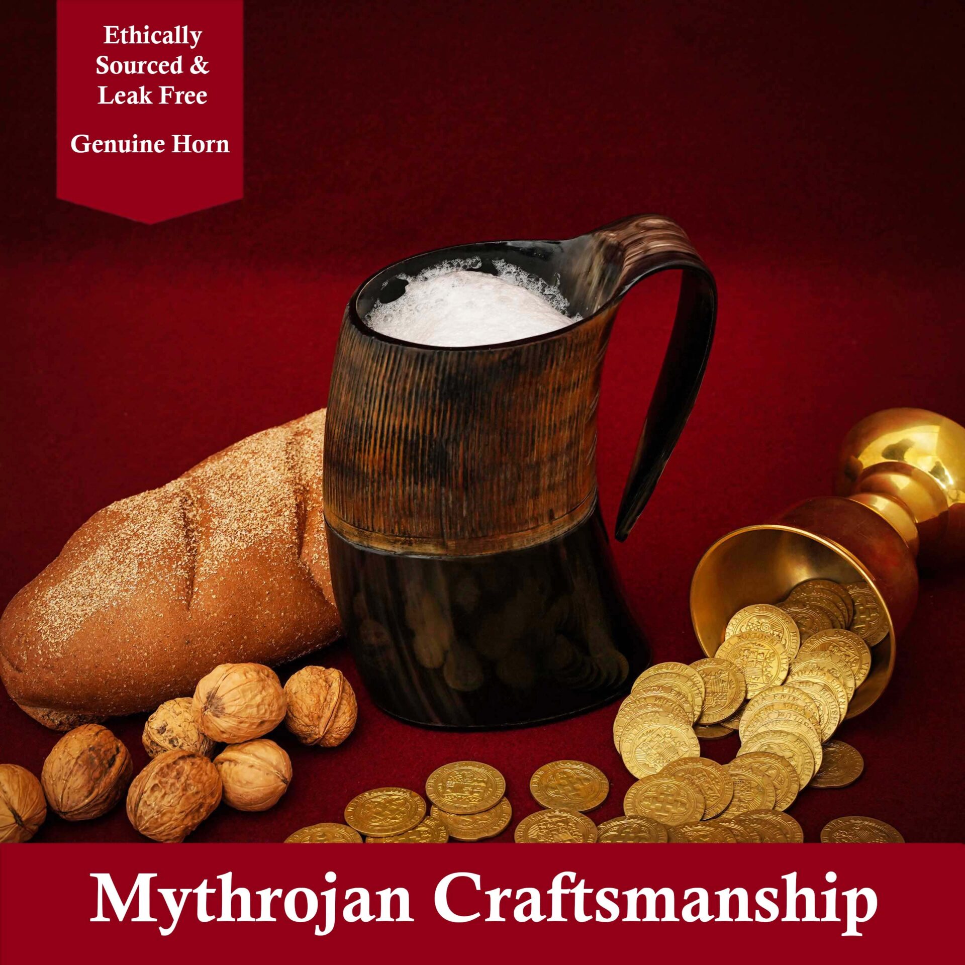 Mythrojan Tumbler Viking Drinking Cup with Handle & Medieval Buckle Renaissance with leather strap, 600 ML, Burnt