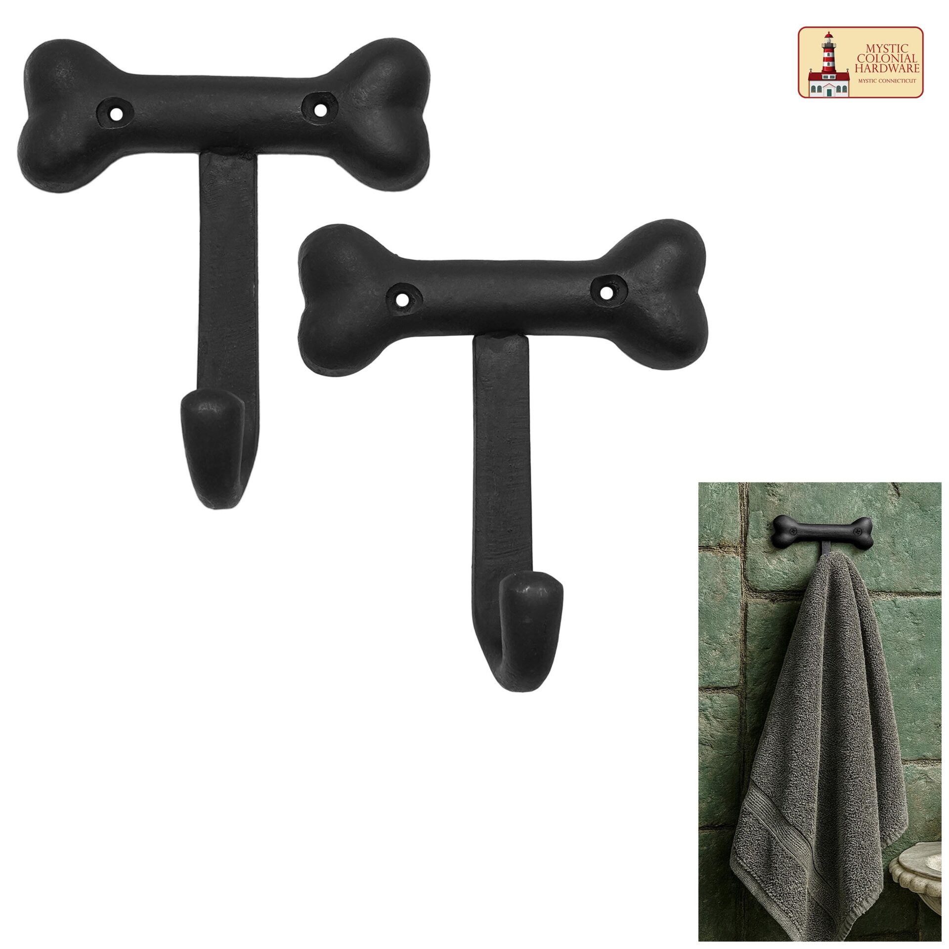 Rustic Cast Iron Wall Hooks, Heavy Duty Retro Utility Hooks for Hanging Coat, Bag, Towel, Robe, Hat and More, Pack of 2, Black