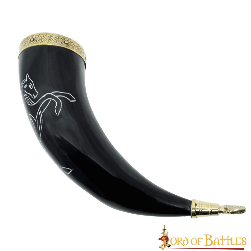 Stallion Drinking Horn with Pure Solid Brass Fittings Genuine Ox Horn