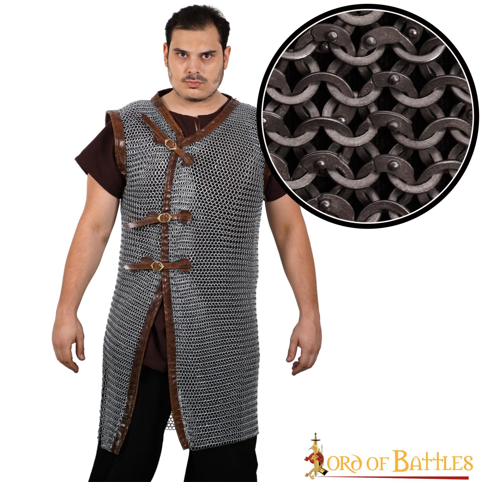 Flat Ring Chainmail Byrnie with leather, Riveted and Alternating, ID 6 mm, Natural