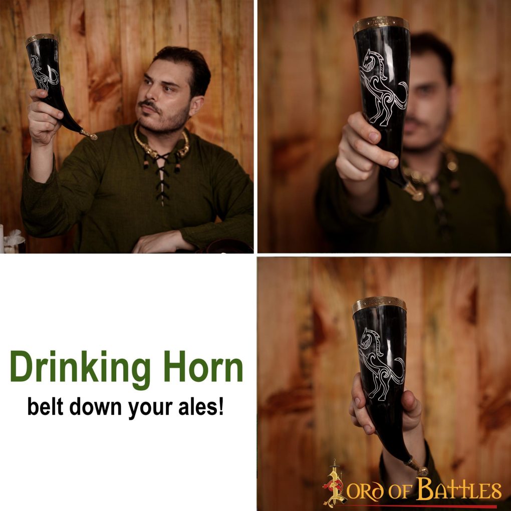 Stallion Drinking Horn with Pure Solid Brass Fittings Genuine Ox Horn