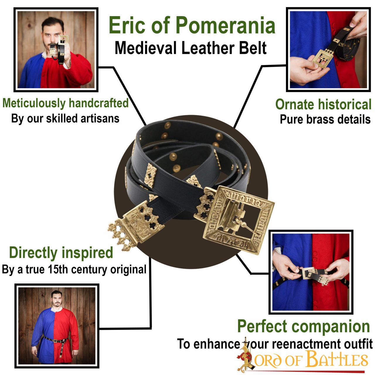 Medieval Eric of Pomerania Leather Belt with Pure Brass Details