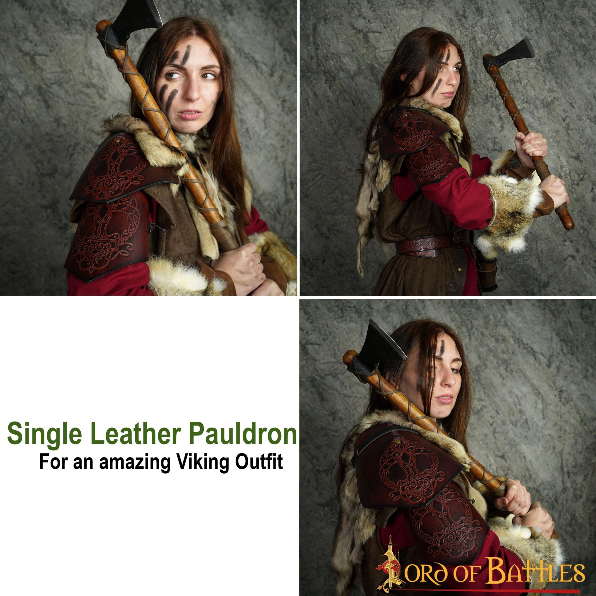 Single Viking Leather Pauldron With Yggdrasil Mjolnir Embossing Single Viking Leather Pauldron With Yggdrasil Mjolnir Embossing