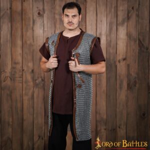 Flat Ring Chainmail Byrnie with leather, Riveted and Alternating, ID 6 mm, Natural