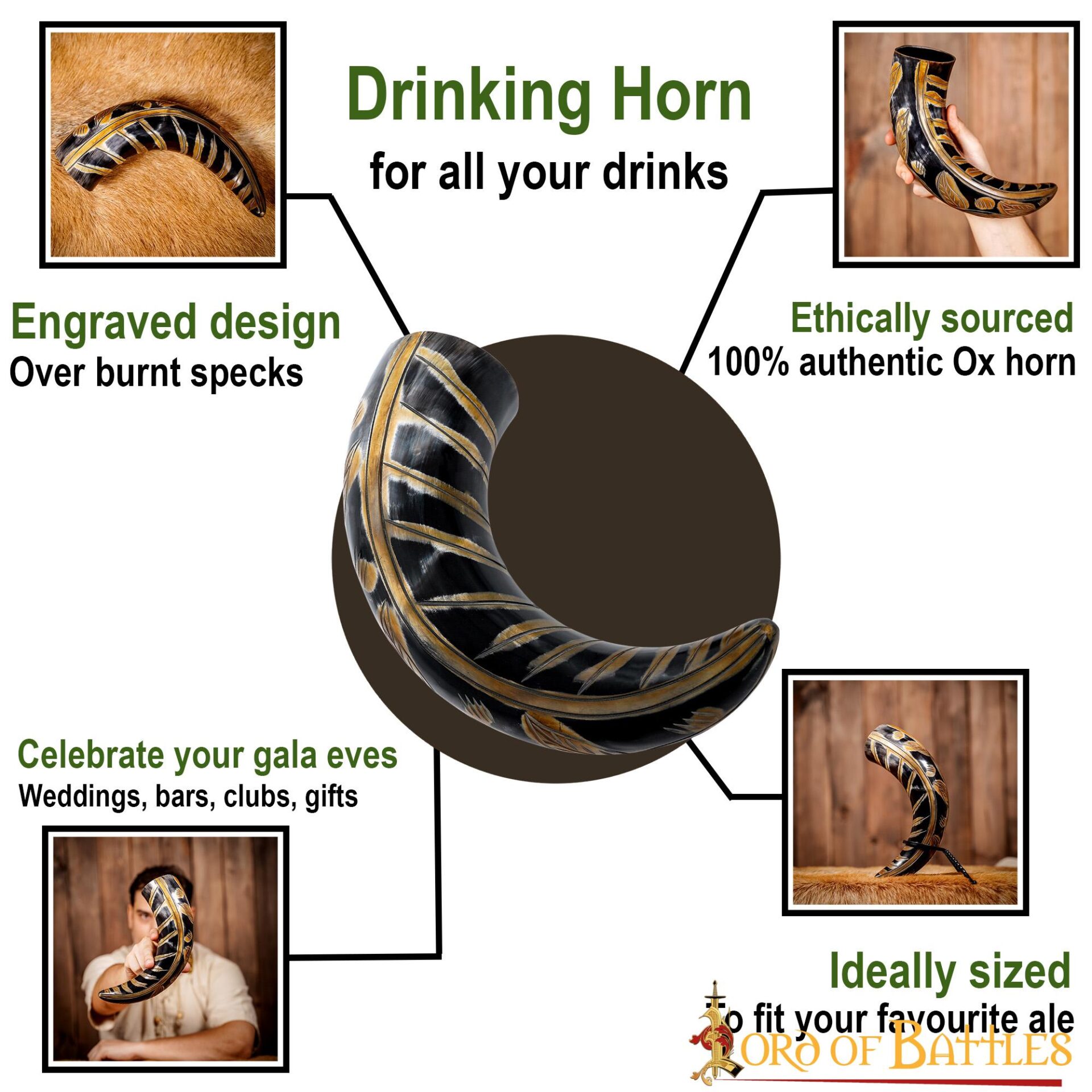 Medieval Viking Drinking Horn with Engraved Designs Handcrafted Genuine Ox Horn