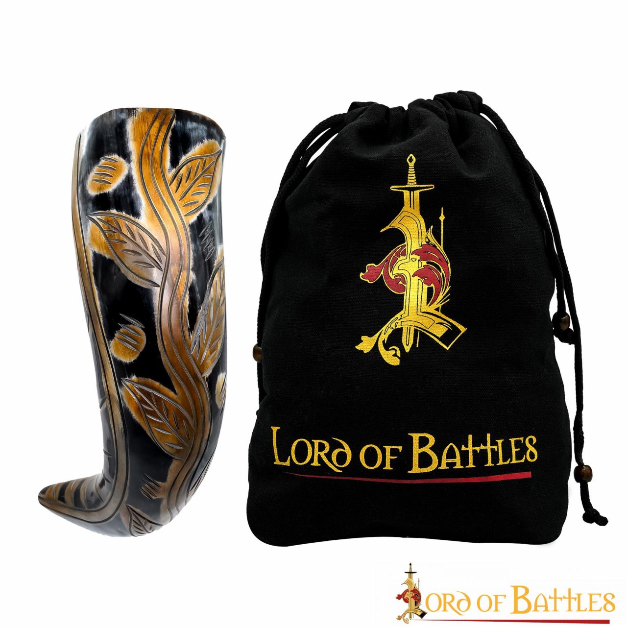 Medieval Viking Drinking Horn with Engraved Designs Handcrafted Genuine Ox Horn