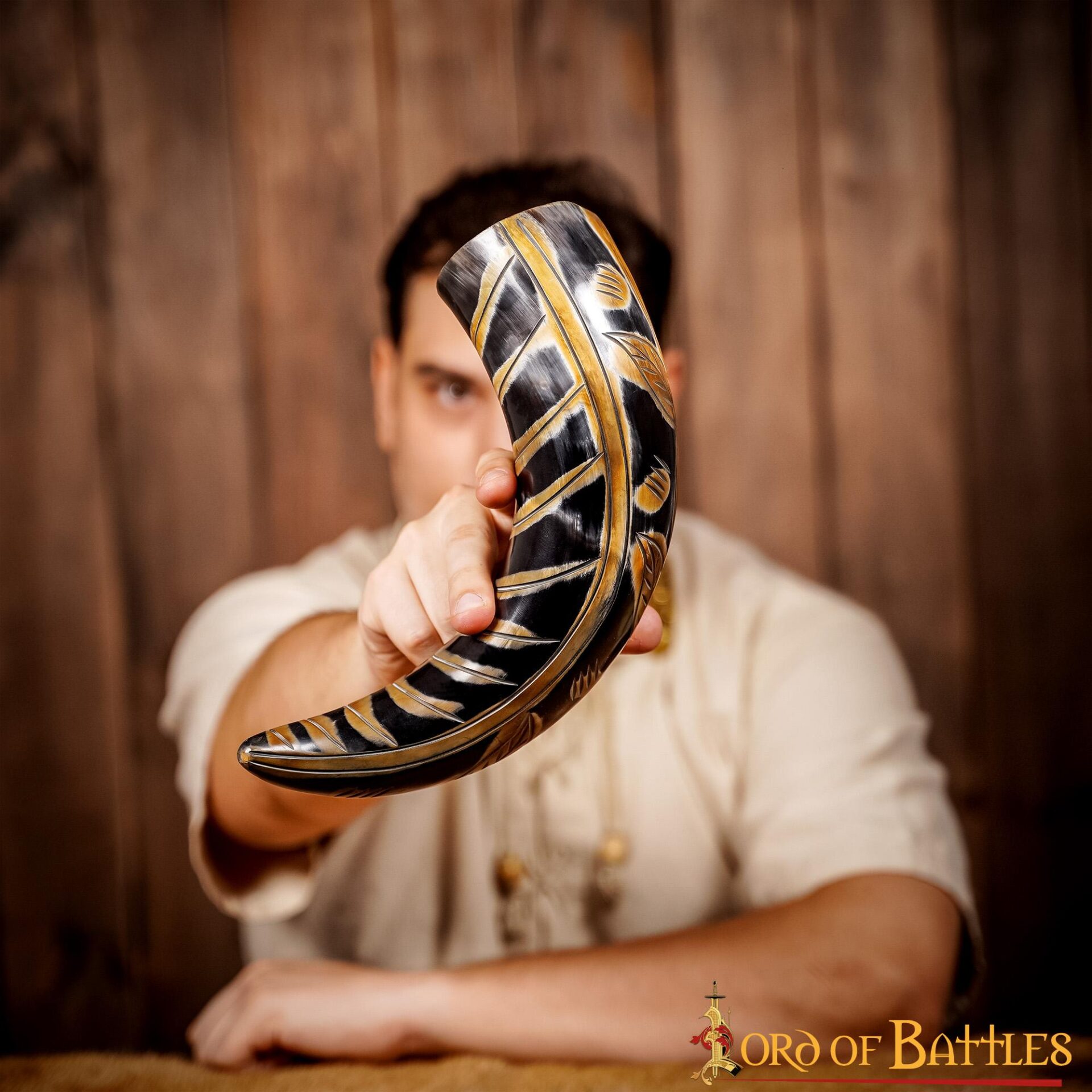 Medieval Viking Drinking Horn with Engraved Designs Handcrafted Genuine Ox Horn