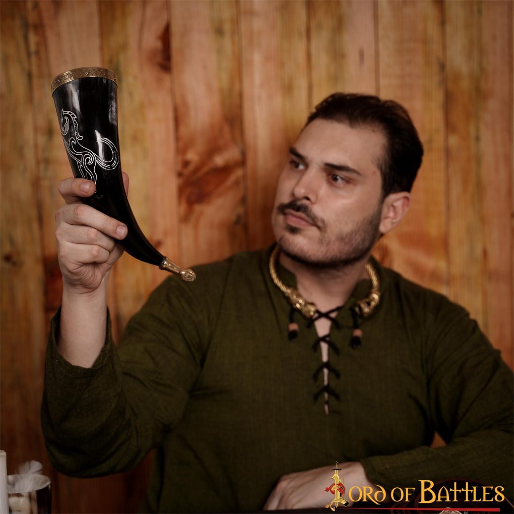 Stallion Drinking Horn with Pure Solid Brass Fittings Genuine Ox Horn
