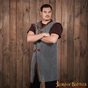 Flat Ring Chainmail Byrnie with leather, Riveted and Alternating, ID 6 mm, Natural