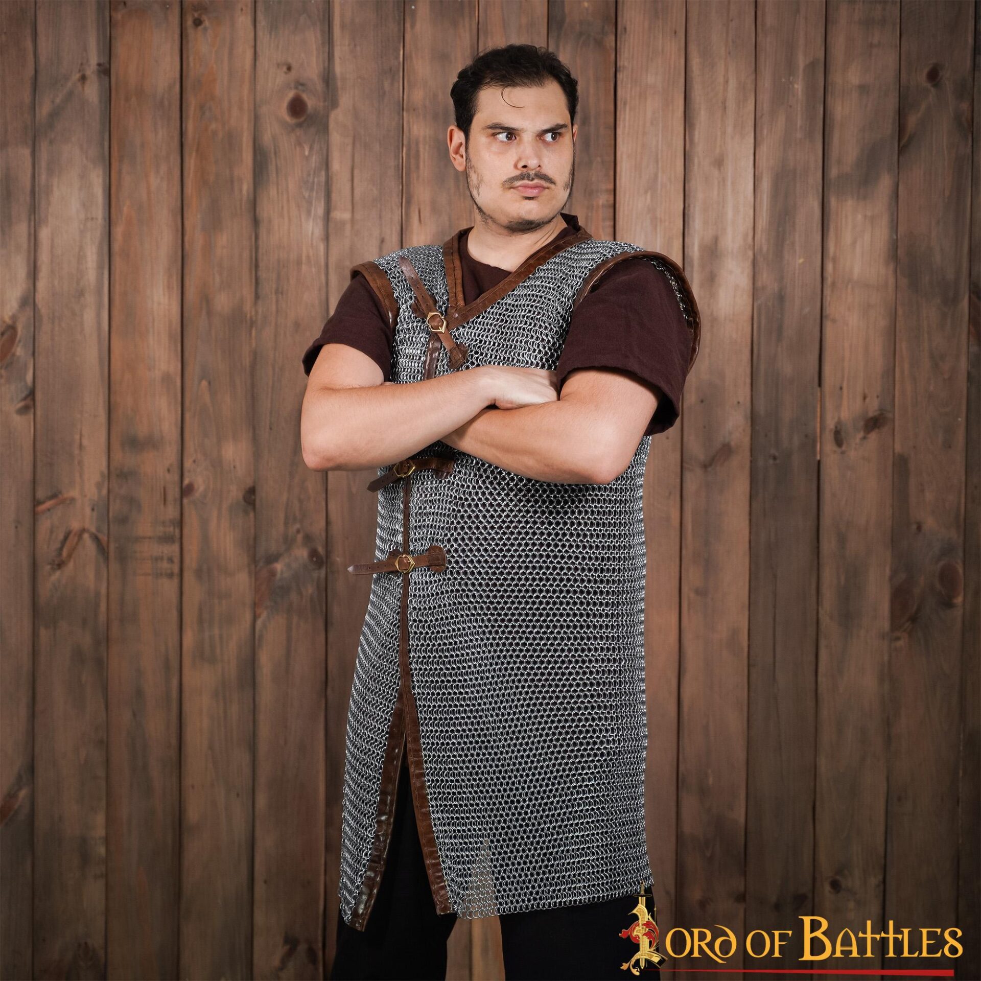 Flat Ring Chainmail Byrnie with leather, Riveted and Alternating, ID 6 mm, Natural Flat Ring Chainmail Byrnie with leather, Riveted and Alternating, ID 6 mm, Natural