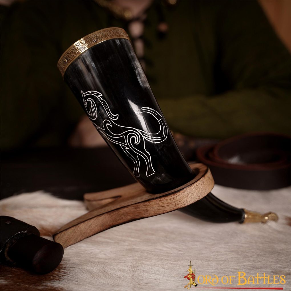 Stallion Drinking Horn with Pure Solid Brass Fittings Genuine Ox Horn
