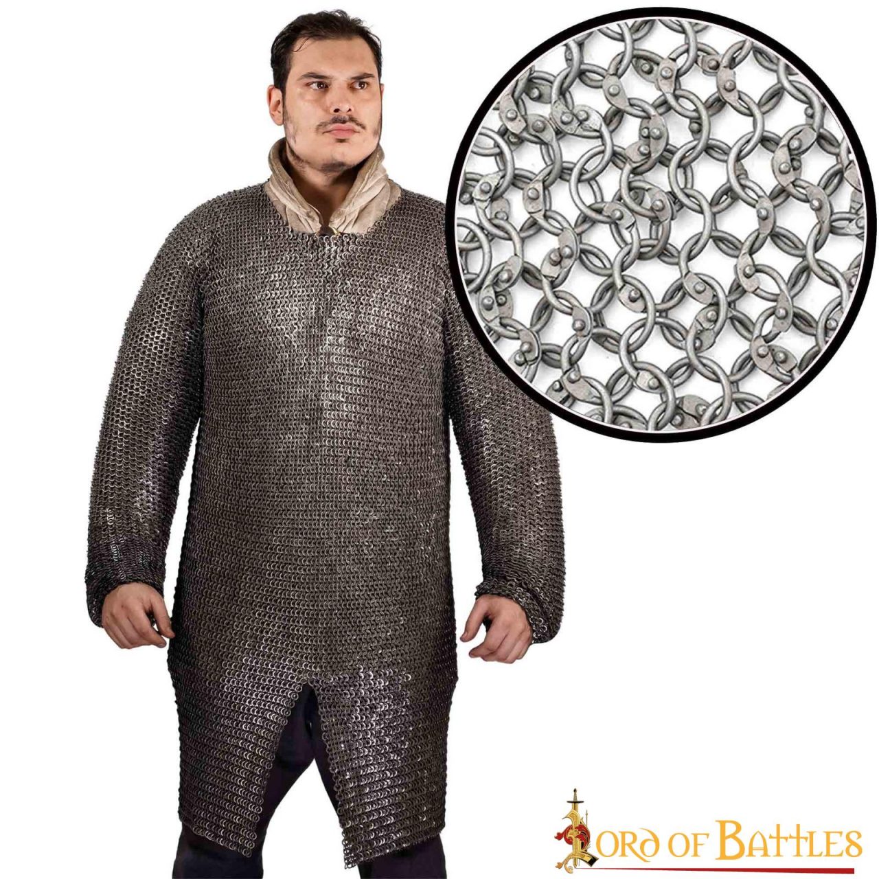 Round Ring Chainmail Hauberk Shirt, Riveted, ID 10mm, Natural