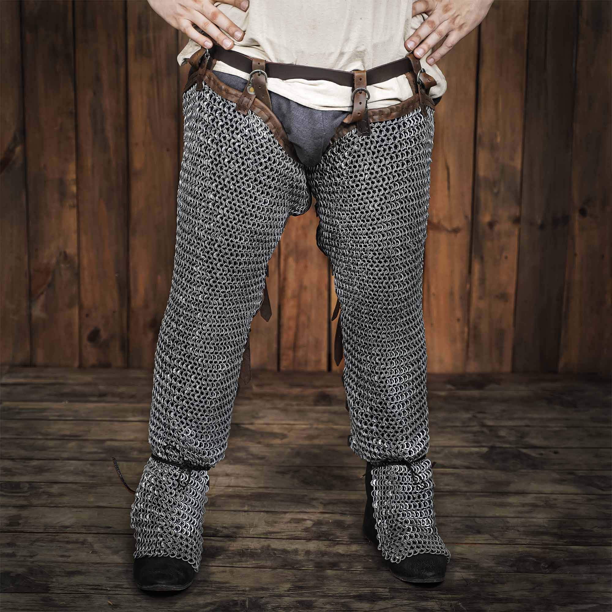 Round Ring Chainmail Leggings Chausses Hoses, Dome Riveted, ID 10 mm, Mild Steel