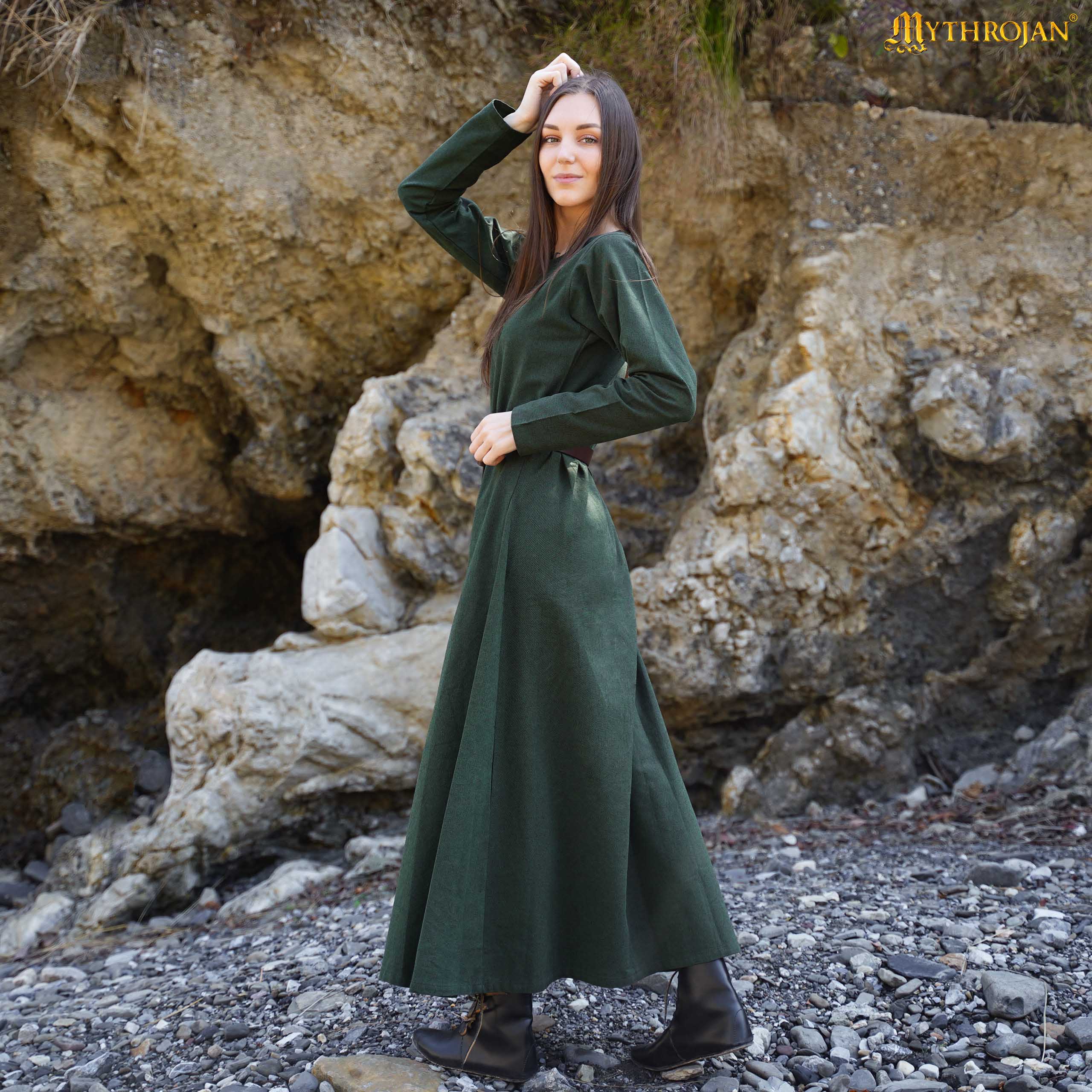 green-cotton-medieval-ladies-dress-sleeves-301098GN 1 Archeress Medieval Dress