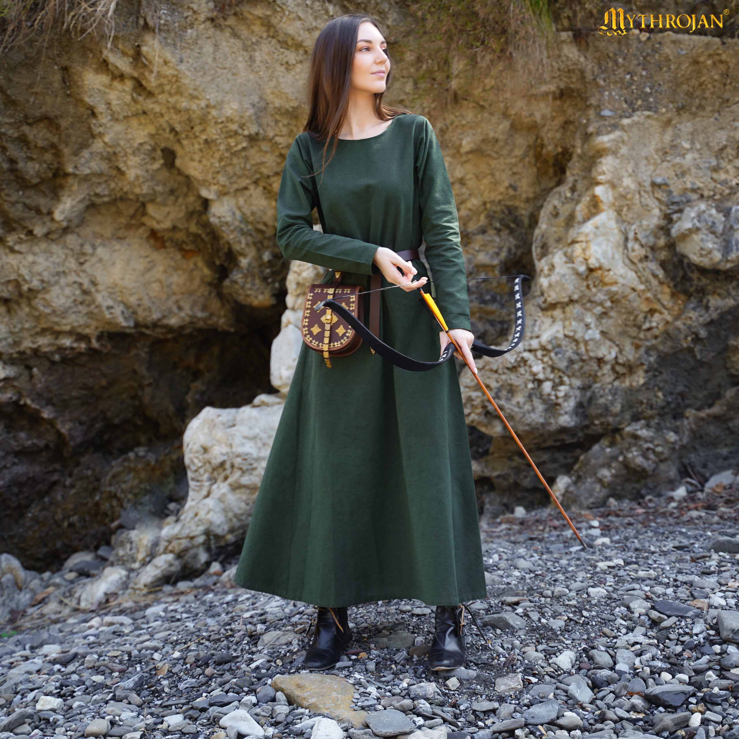 green-cotton-medieval-ladies-dress-sleeves-301098GN Archeress Medieval Dress