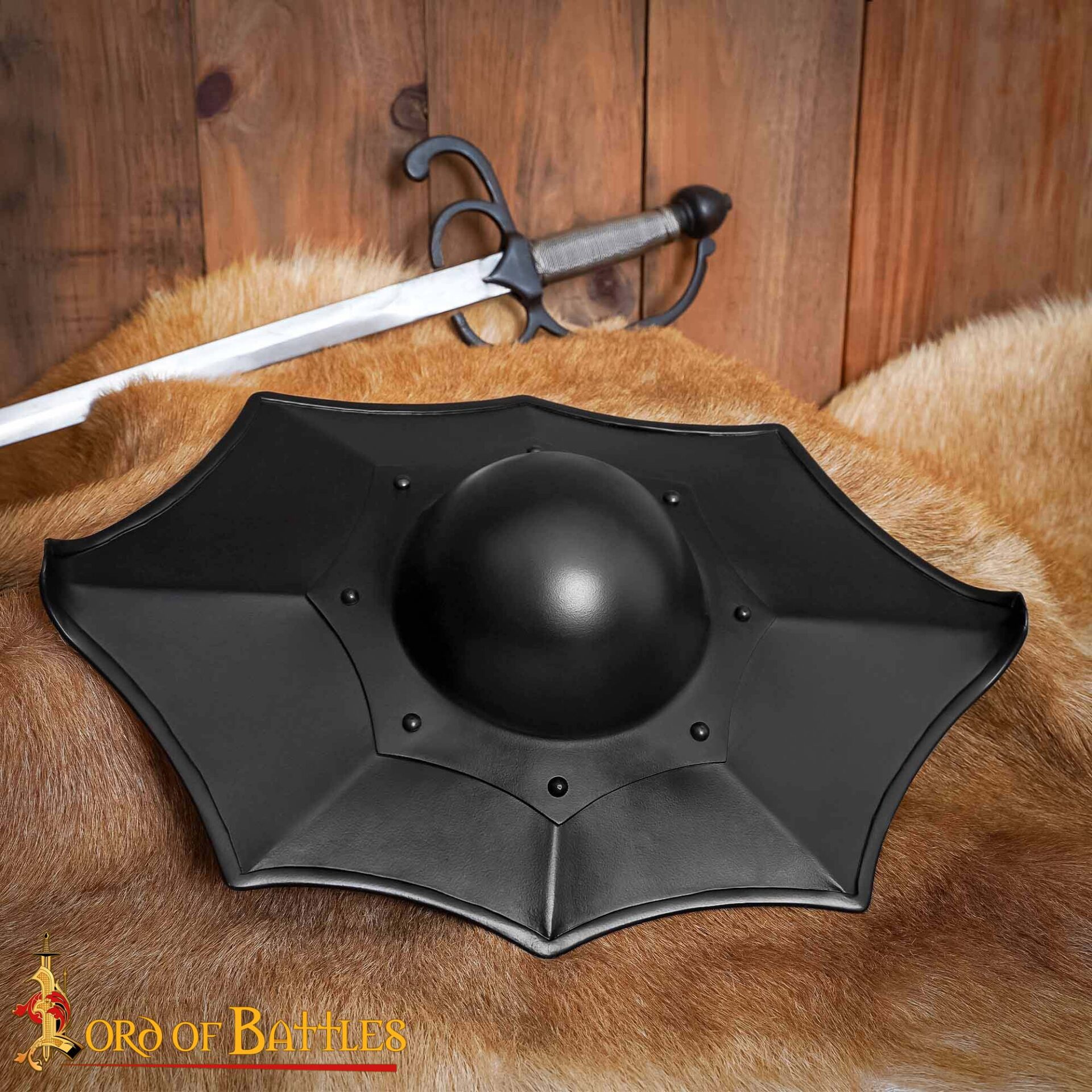 15th Century Black Steel Buckler Shield with Raised Central Boss-2133BK Talhoffer